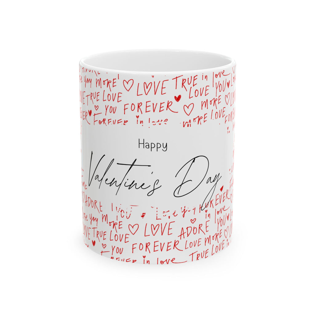 Valentine's Day Ceramic Mug — 'Happy Valentine's Day' with Red Love Handwritten Pattern (11oz & 15oz)
