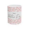 Valentine's Day Ceramic Mug — 'Happy Valentine's Day' with Red Love Handwritten Pattern (11oz & 15oz)