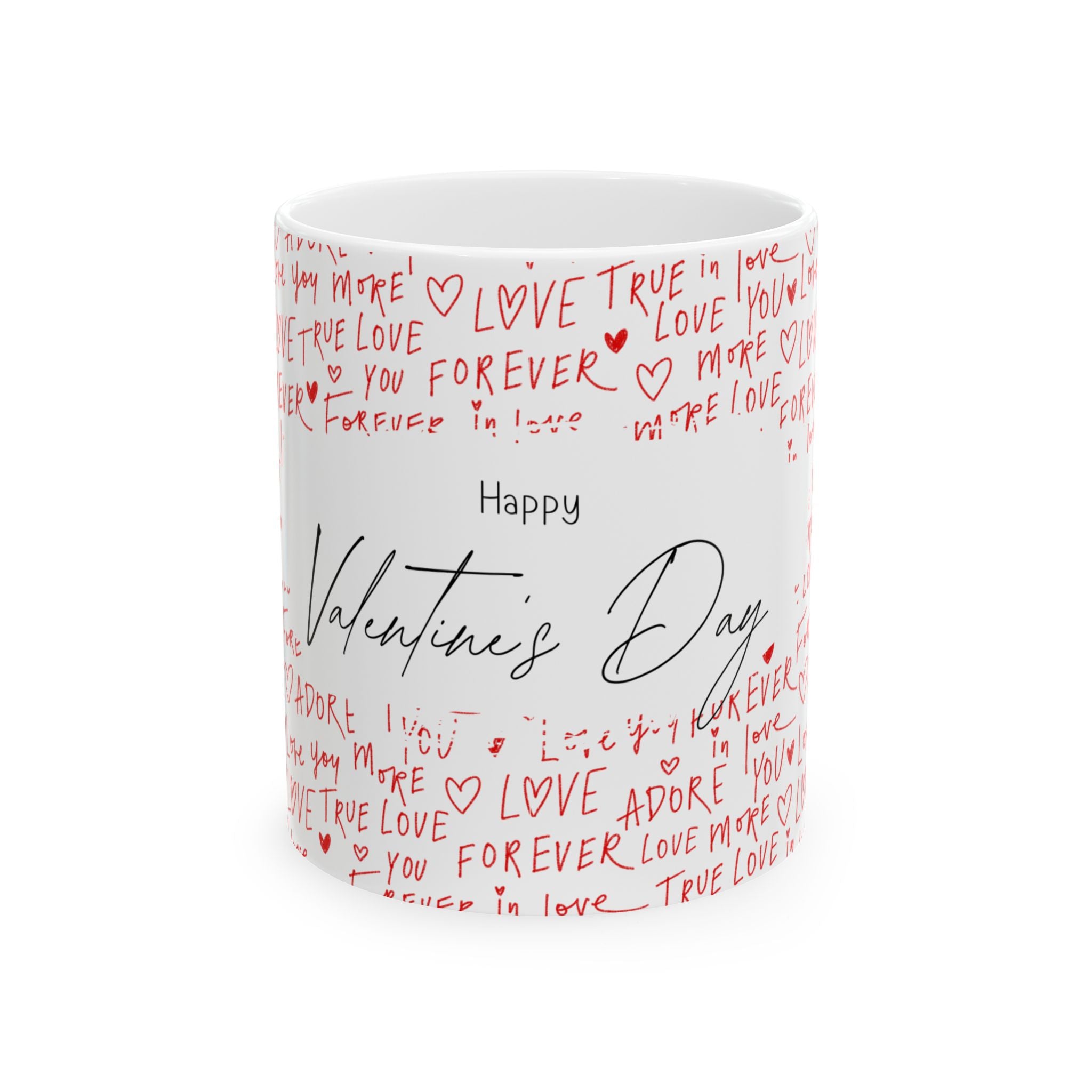 Valentine's Day Ceramic Mug — 'Happy Valentine's Day' with Red Love Handwritten Pattern (11oz & 15oz)