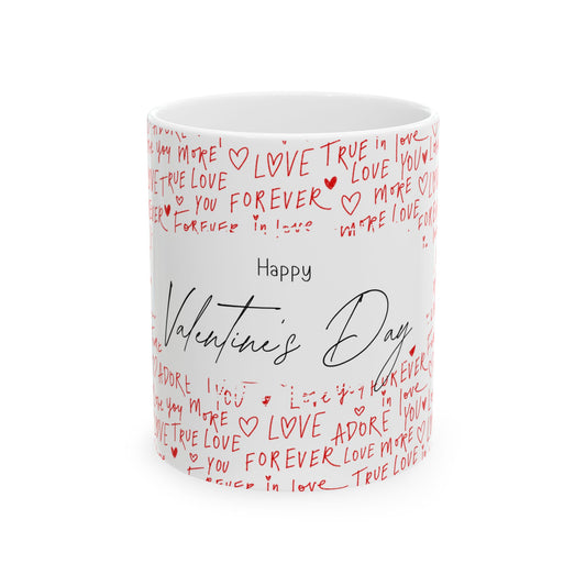 Valentine's Day Ceramic Mug — 'Happy Valentine's Day' with Red Love Handwritten Pattern (11oz & 15oz)