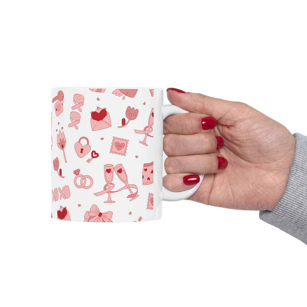 Valentine’s Pattern Ceramic Mug – Pink Hearts & Romance Icons (11oz, 15oz)