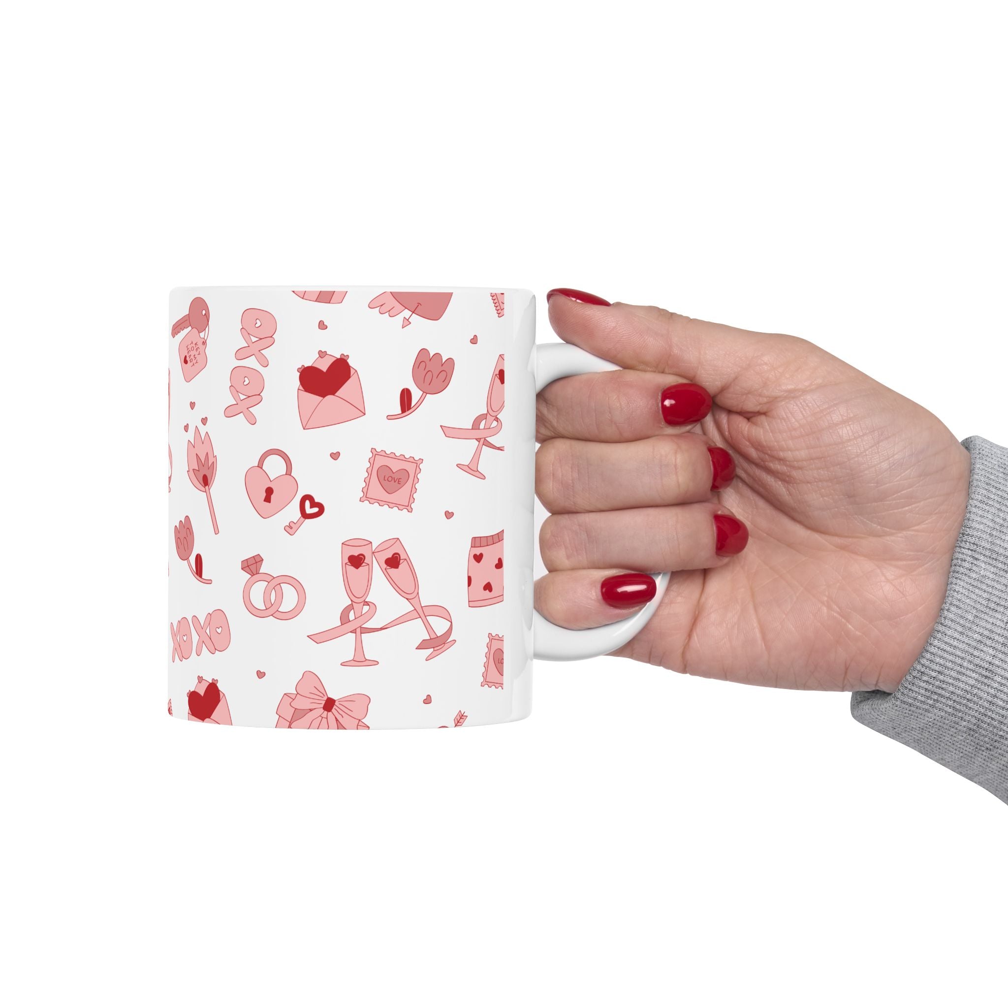 Valentine’s Pattern Ceramic Mug – Pink Hearts & Romance Icons (11oz, 15oz)