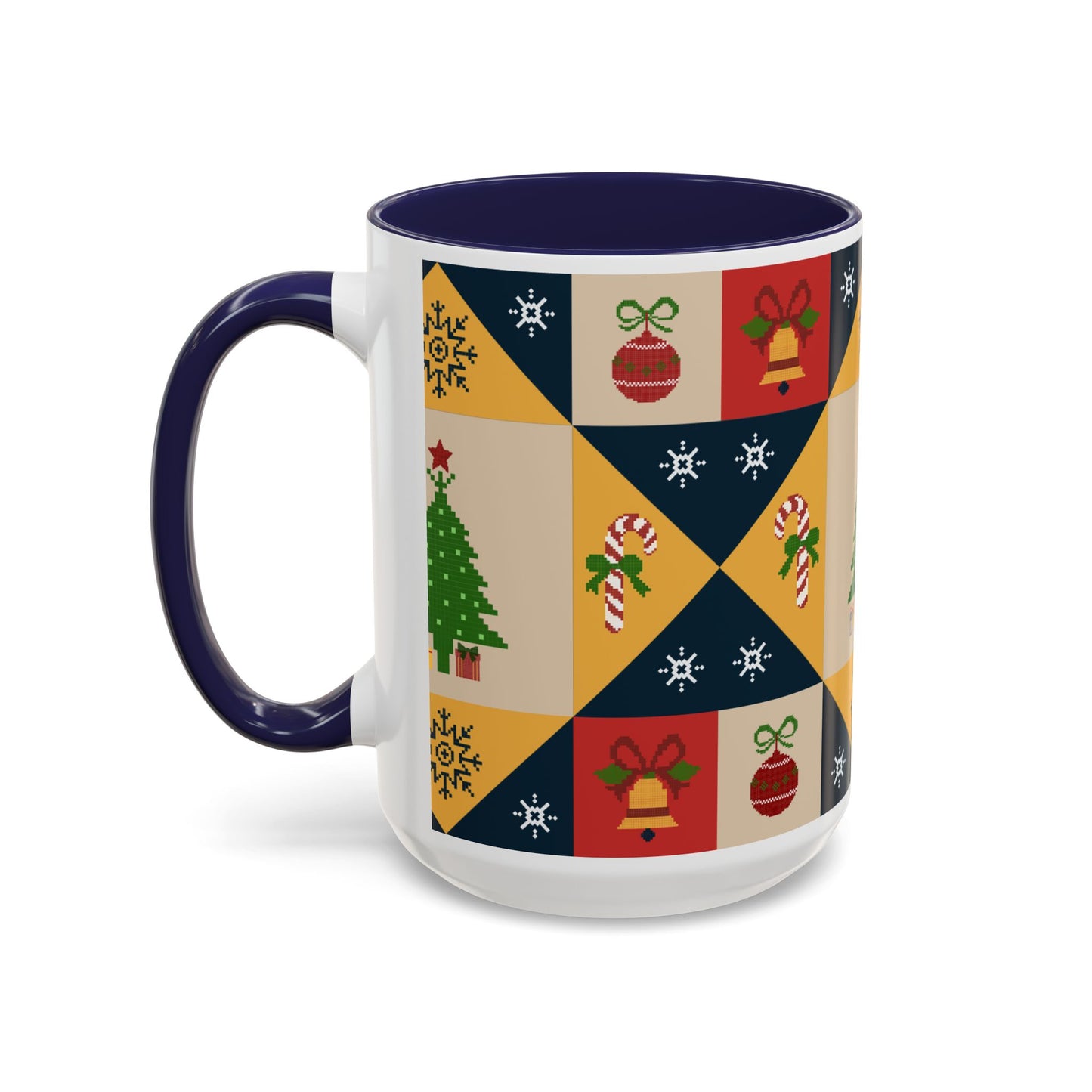 Christmas Quilt Pattern Accent Coffee Mug — Holiday Tree & Ornaments (15oz)