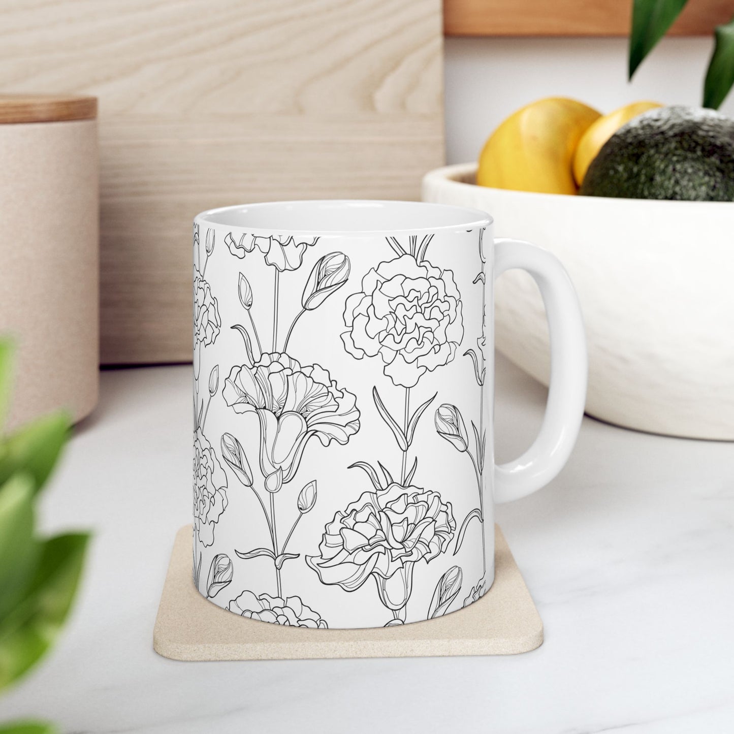 Elegant Floral Mug – 11oz Black and White Ceramic Coffee Cup | Soul Sips Minimalist Gift for Aesthetic Coffee Lovers & Cozy Spaces