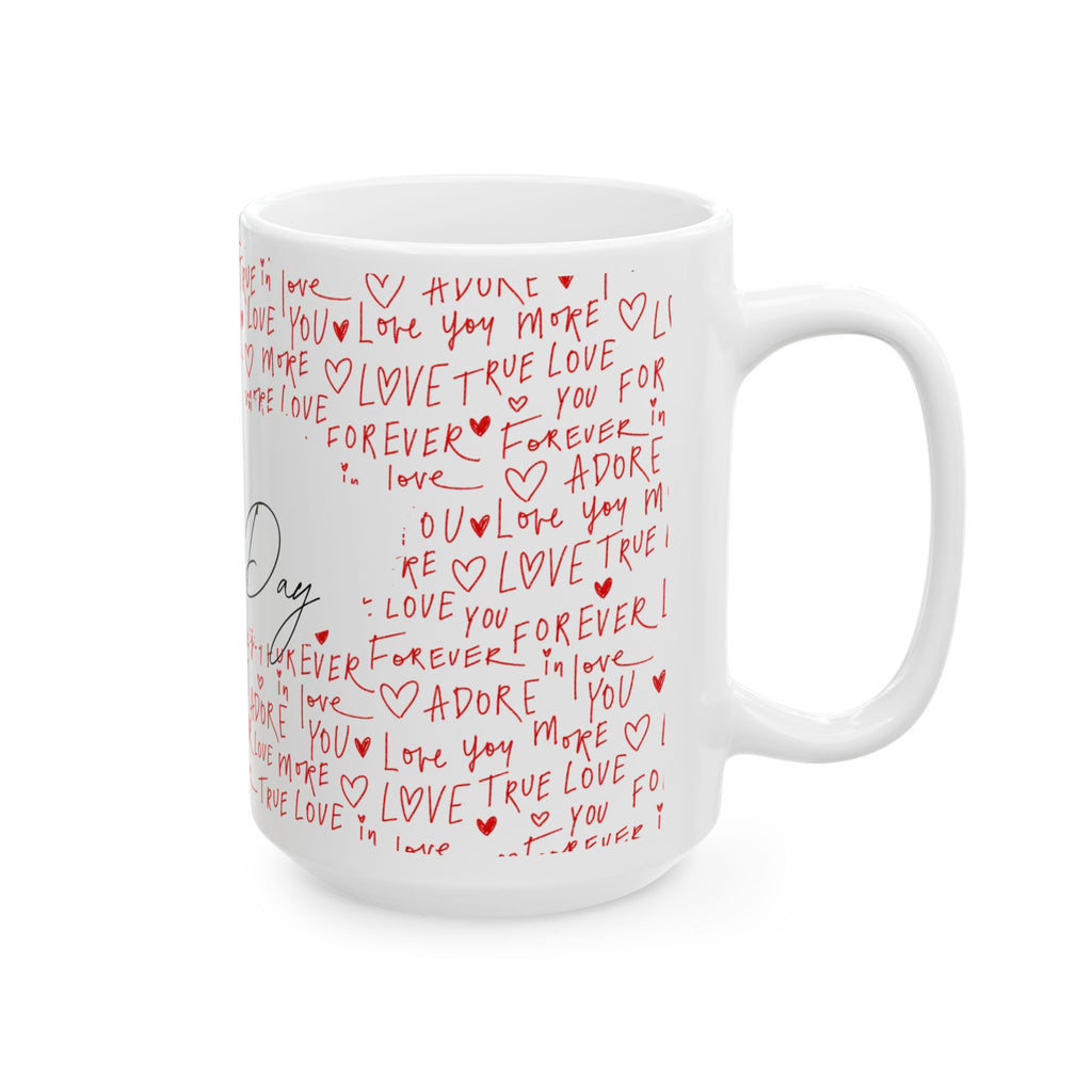 Valentine's Day Ceramic Mug — 'Happy Valentine's Day' with Red Love Handwritten Pattern (11oz & 15oz)