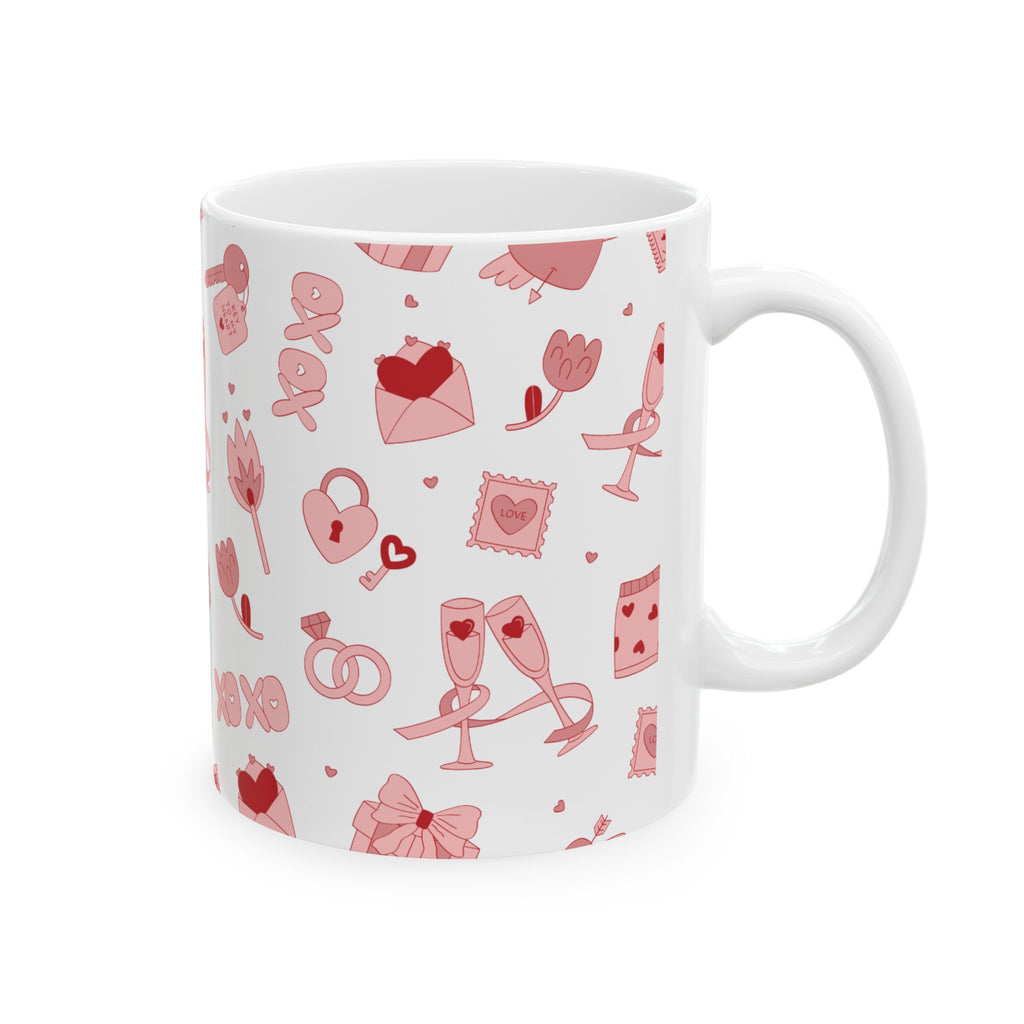 Valentine’s Pattern Ceramic Mug – Pink Hearts & Romance Icons (11oz, 15oz)