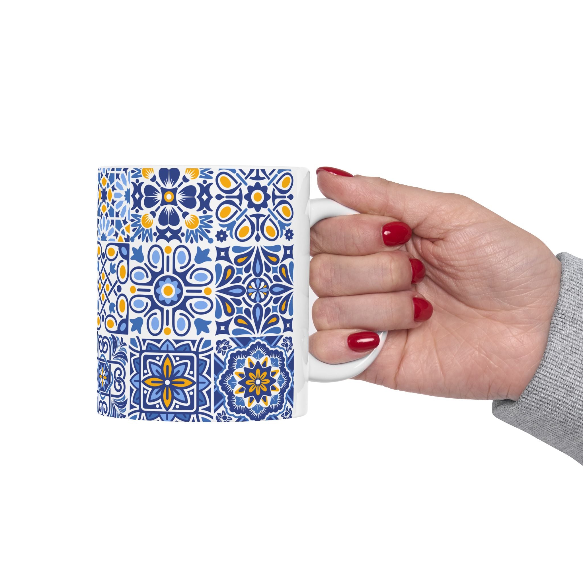 Blue & Yellow Mediterranean Tile Ceramic Mug — Patterned Coffee Cup (11oz/15oz)