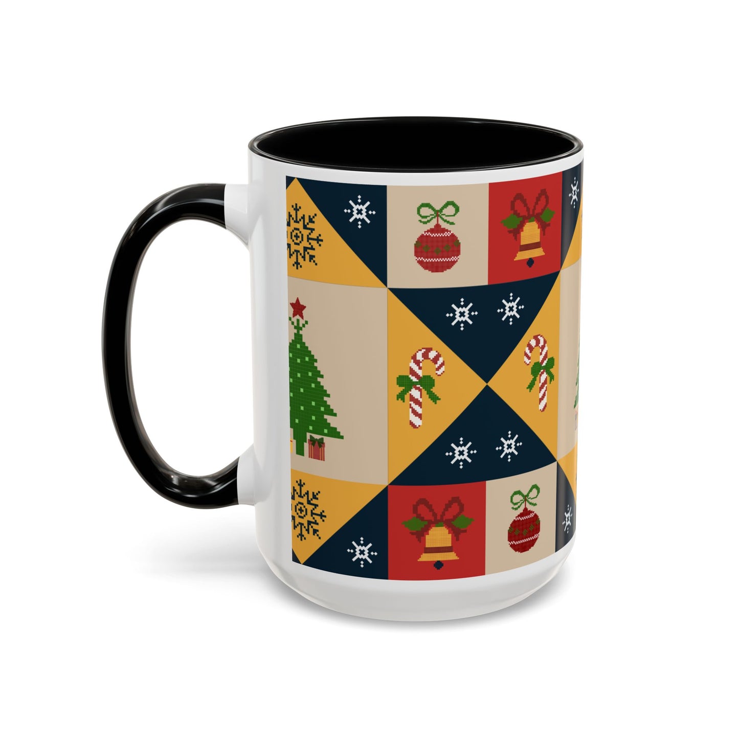 Christmas Quilt Pattern Accent Coffee Mug — Holiday Tree & Ornaments (15oz)