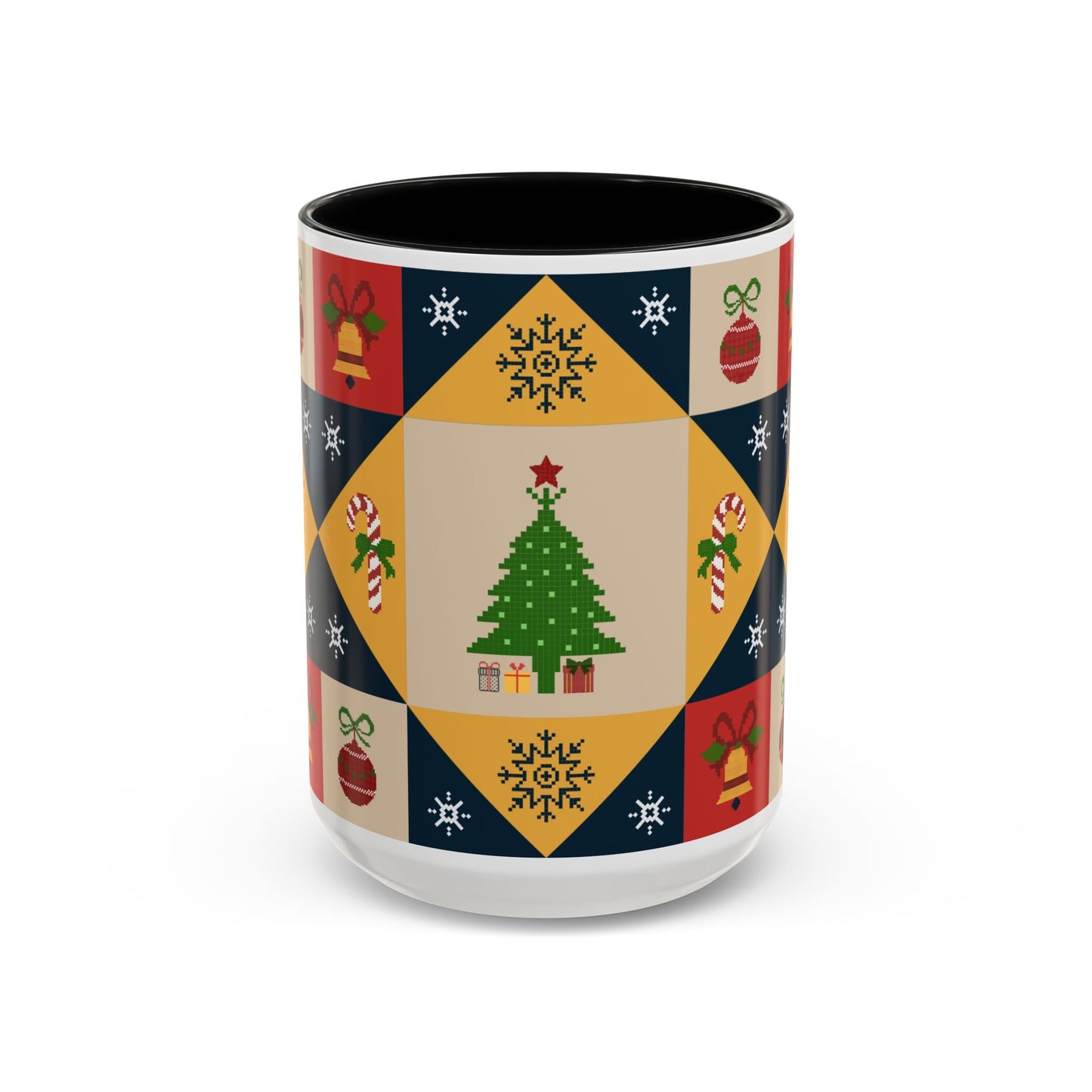 Christmas Quilt Pattern Accent Coffee Mug — Holiday Tree & Ornaments (15oz)