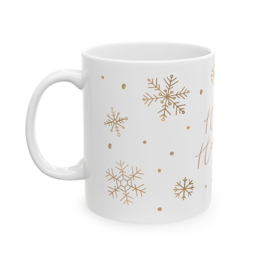 Happy Holidays Ceramic Mug — Gold Snowflake Holiday Coffee Cup (11oz)
