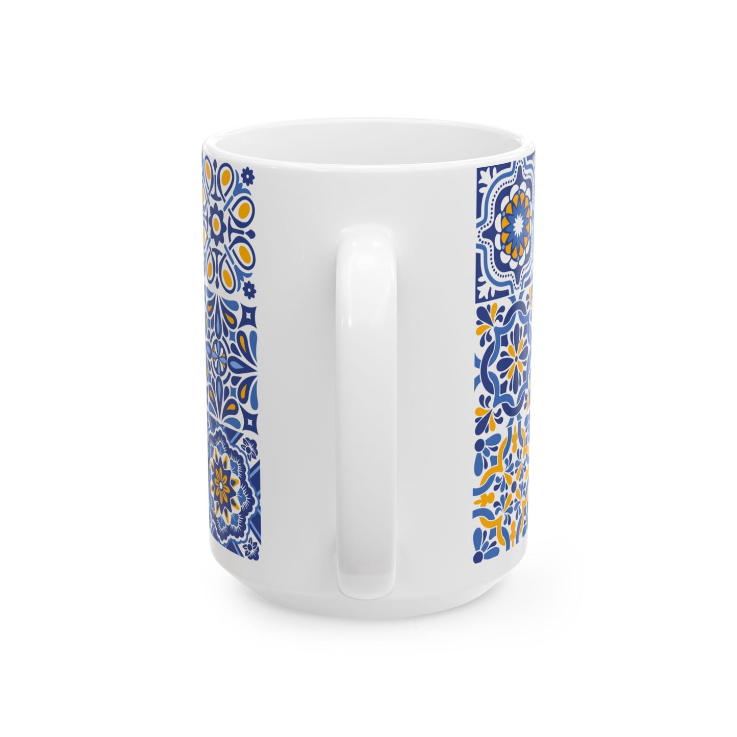 Blue & Yellow Mediterranean Tile Ceramic Mug — Patterned Coffee Cup (11oz/15oz)
