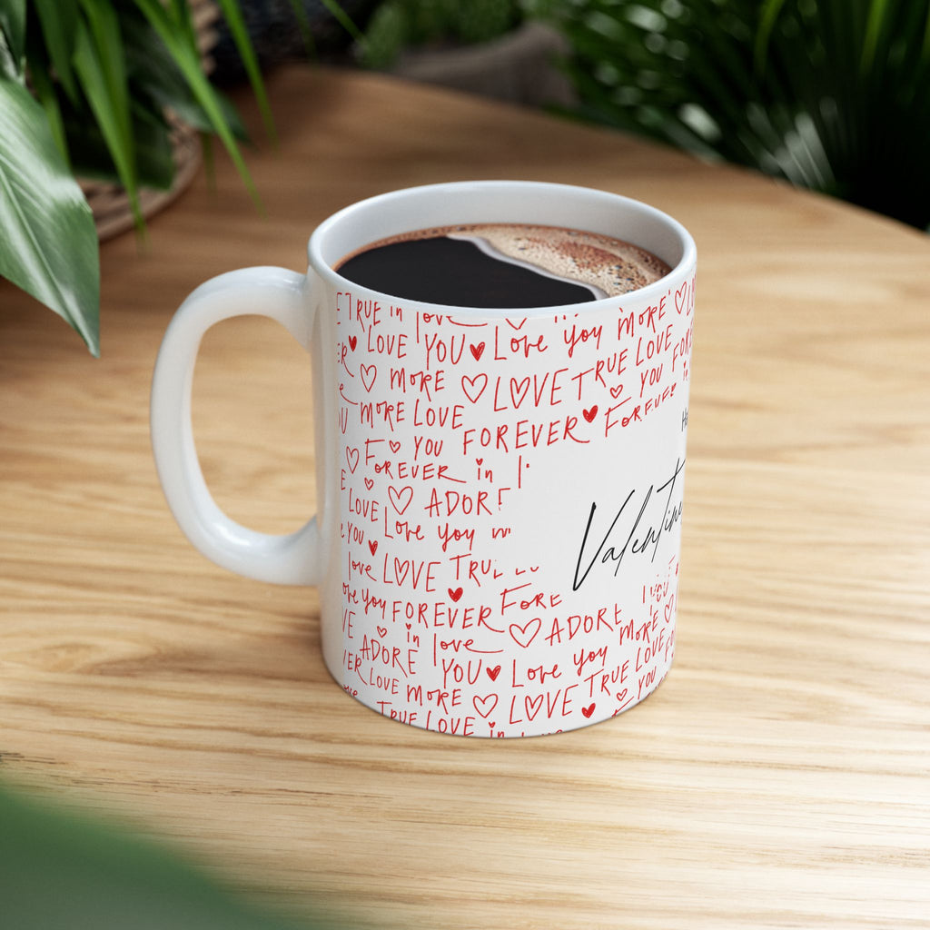 Valentine's Day Ceramic Mug — 'Happy Valentine's Day' with Red Love Handwritten Pattern (11oz & 15oz)