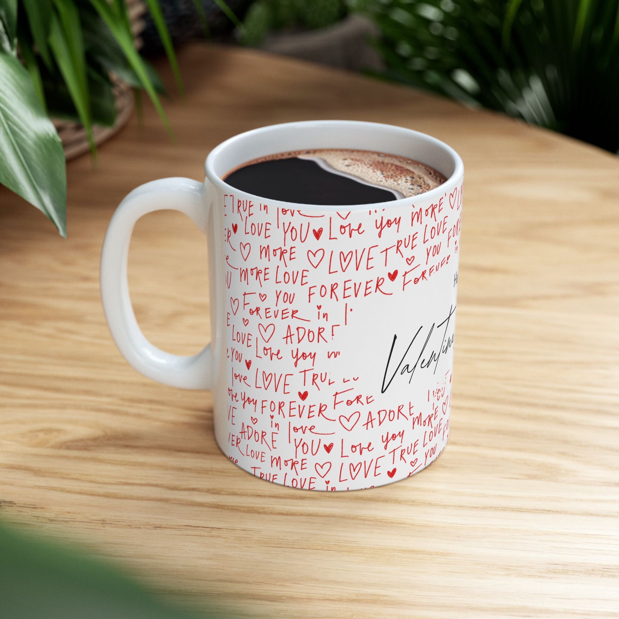 Valentine's Day Ceramic Mug — 'Happy Valentine's Day' with Red Love Handwritten Pattern (11oz & 15oz)