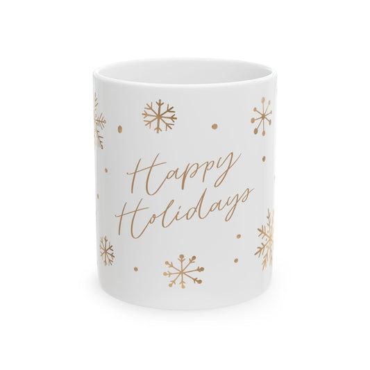 Happy Holidays Ceramic Mug — Gold Snowflake Holiday Coffee Cup (11oz)