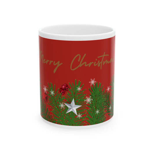 Merry Christmas Pine Garland Ceramic Mug (11oz & 15oz)