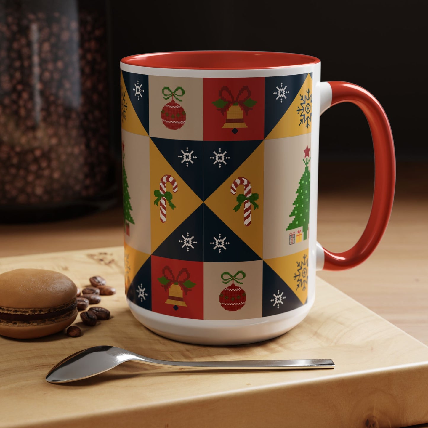 Christmas Quilt Pattern Accent Coffee Mug — Holiday Tree & Ornaments (15oz)
