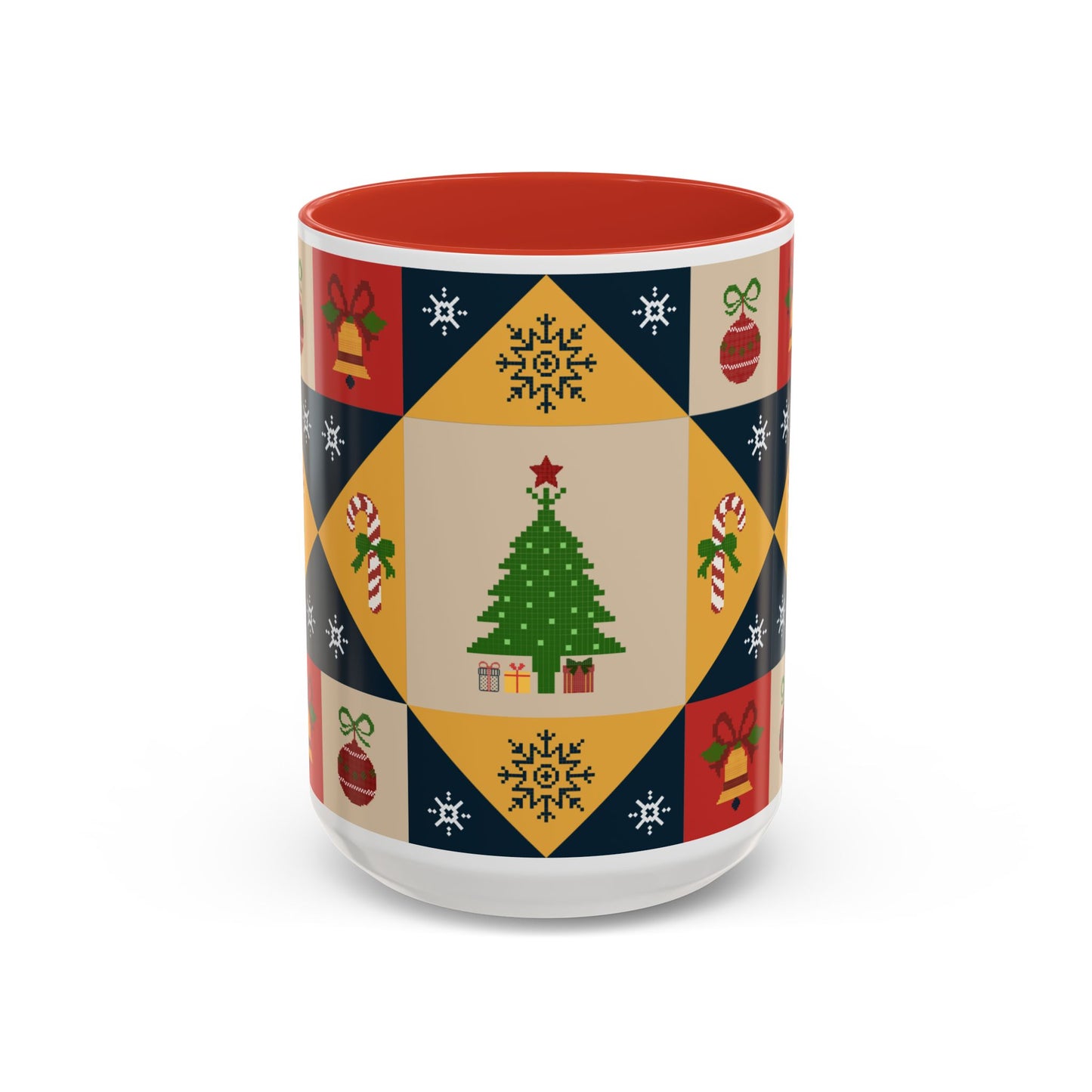 Christmas Quilt Pattern Accent Coffee Mug — Holiday Tree & Ornaments (15oz)
