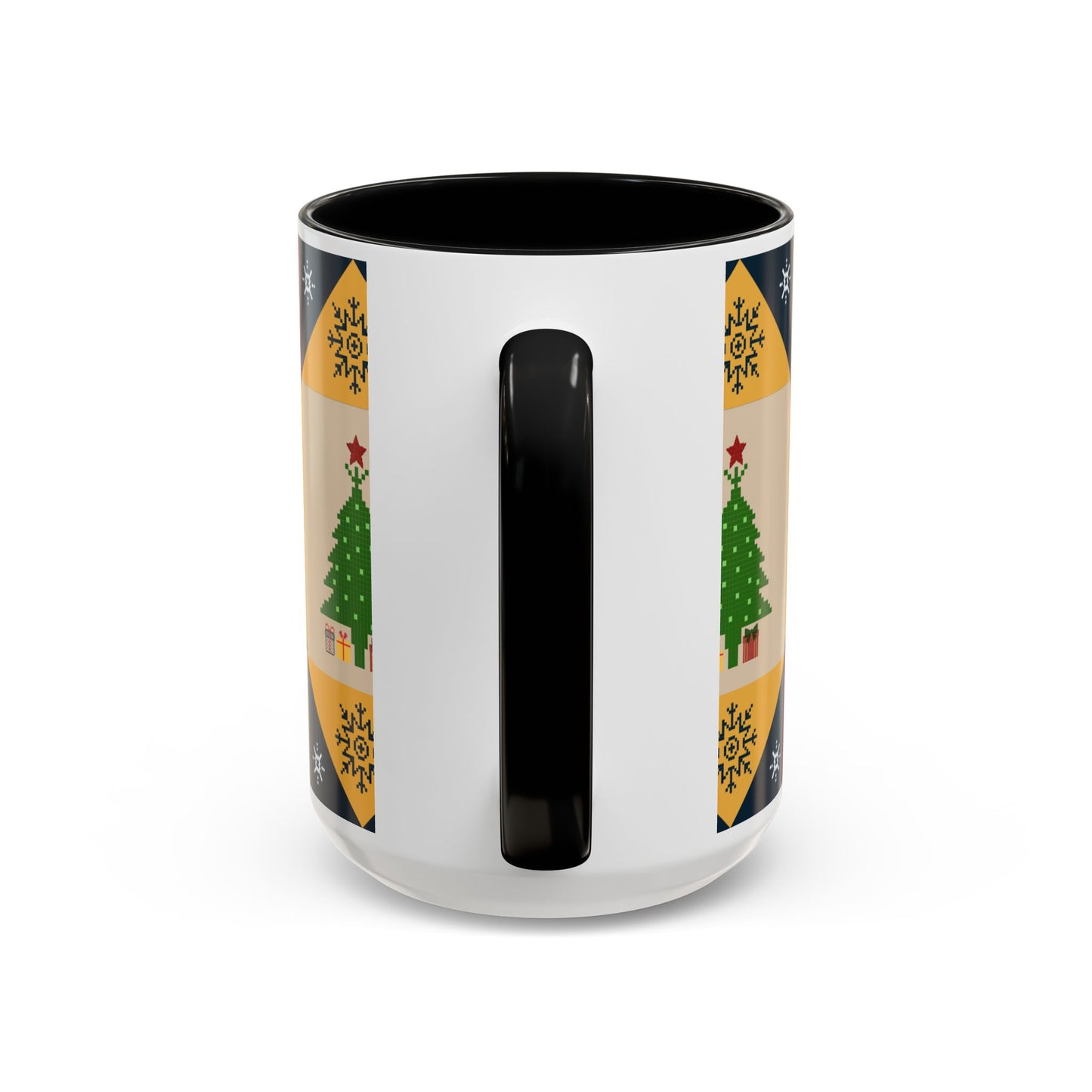 Christmas Quilt Pattern Accent Coffee Mug — Holiday Tree & Ornaments (15oz)