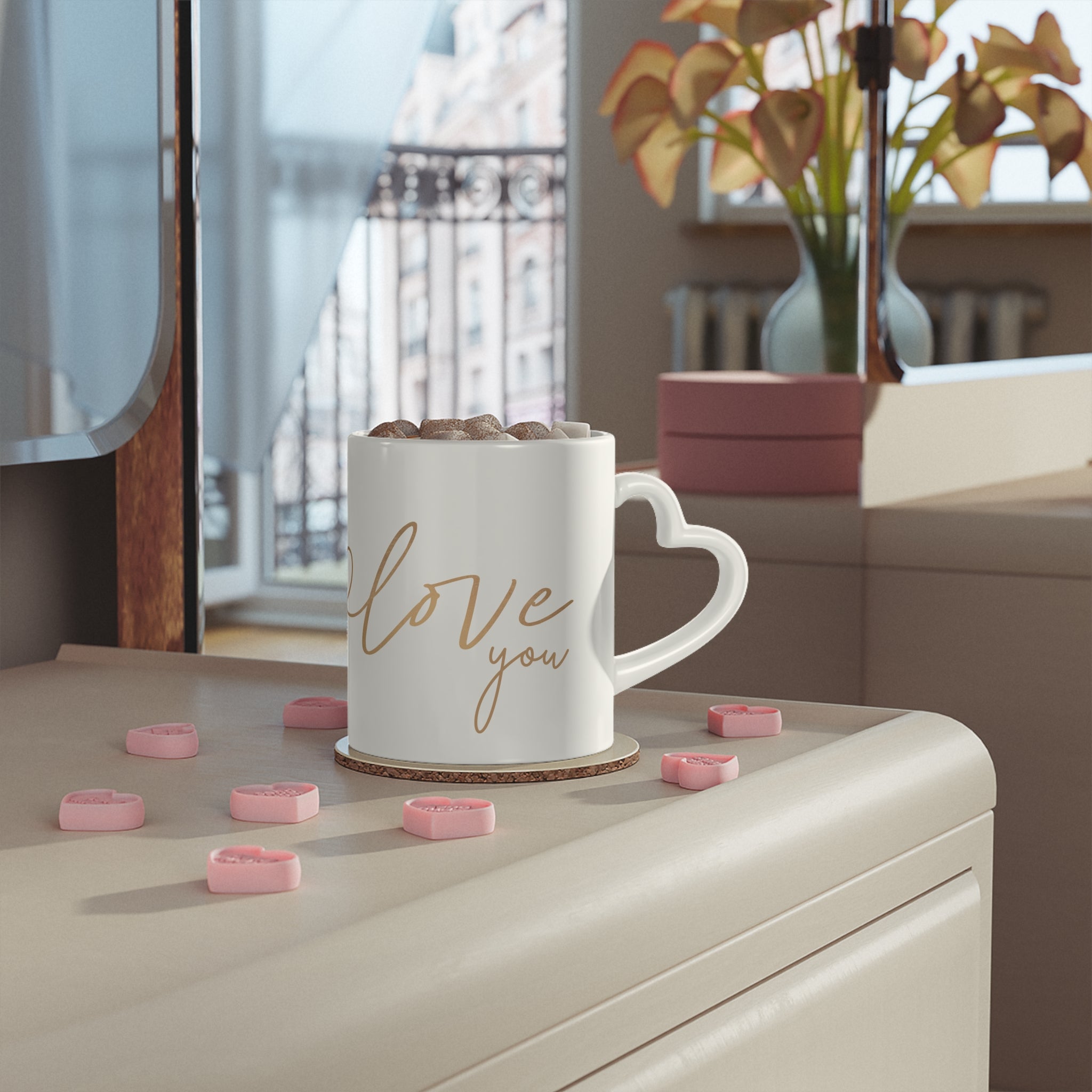 Love Script Ceramic Mug — Gold Heart Accent, Romantic Gift for Valentine’s Day & Anniversaries