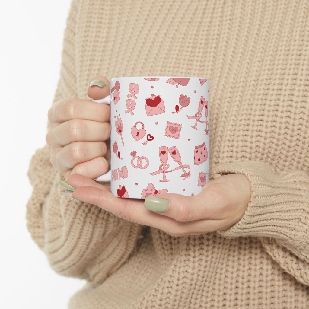 Valentine’s Pattern Ceramic Mug – Pink Hearts & Romance Icons (11oz, 15oz)