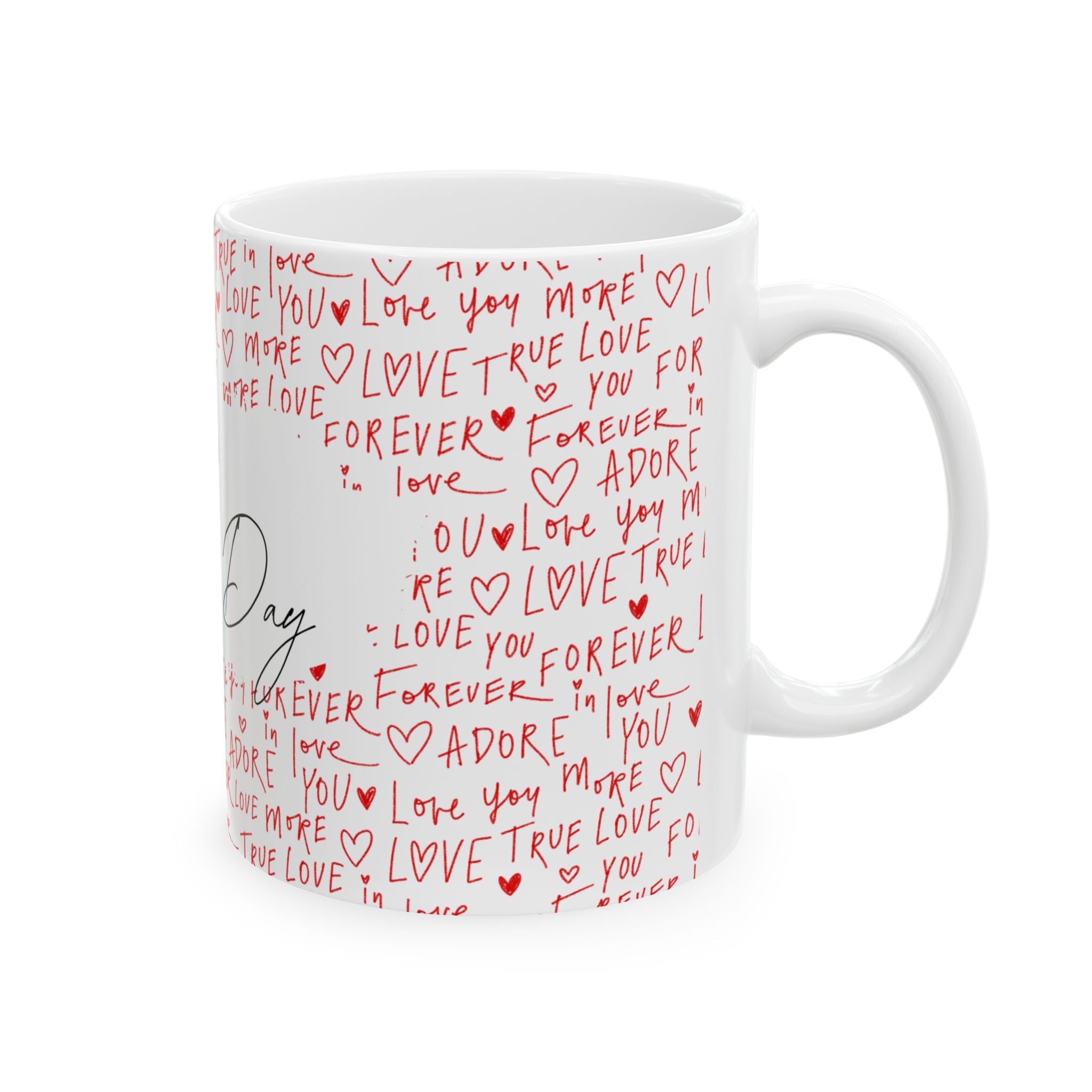 Valentine's Day Ceramic Mug — 'Happy Valentine's Day' with Red Love Handwritten Pattern (11oz & 15oz)