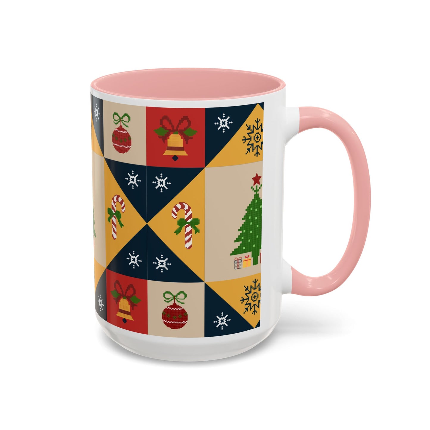 Christmas Quilt Pattern Accent Coffee Mug — Holiday Tree & Ornaments (15oz)