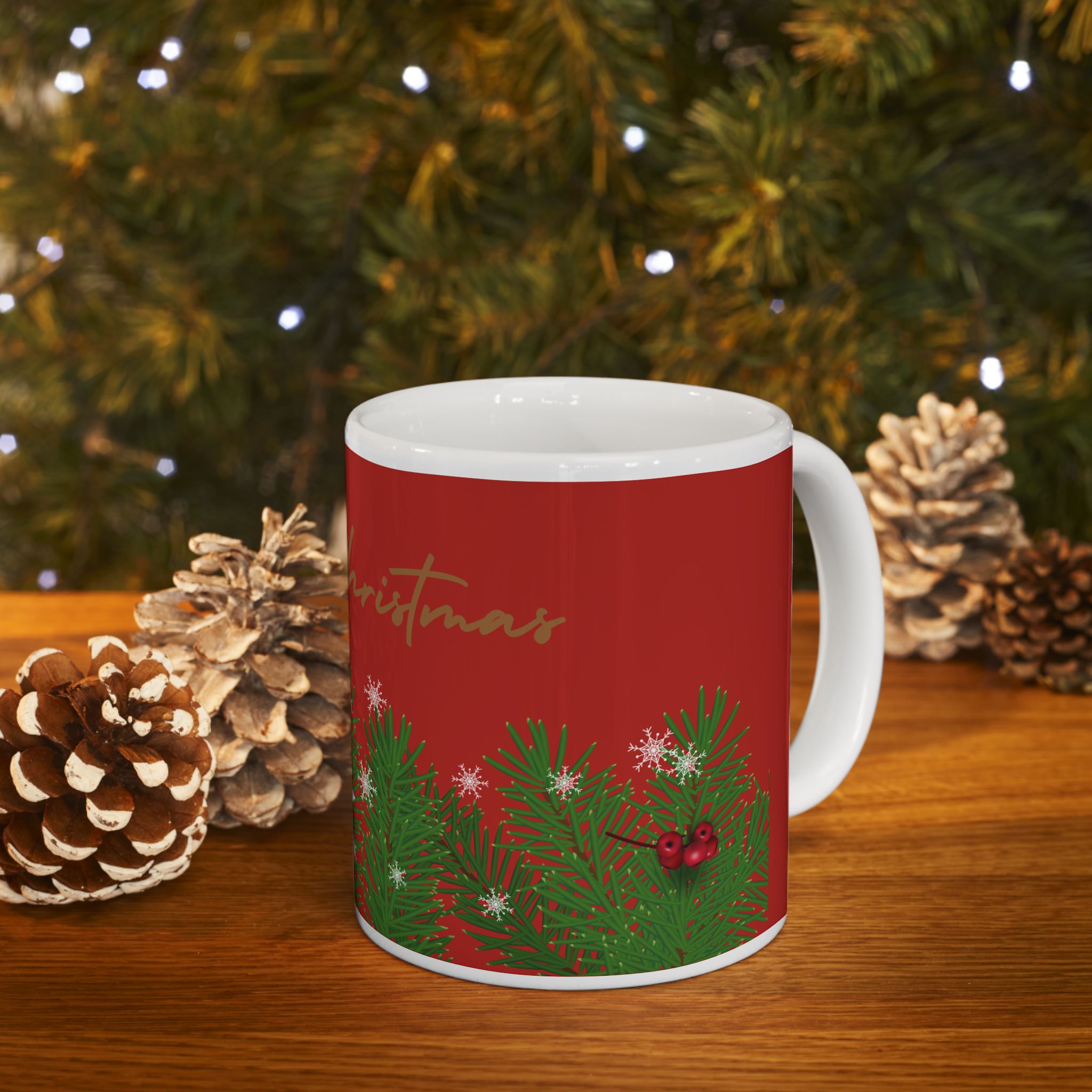 Merry Christmas Pine Garland Ceramic Mug (11oz & 15oz)