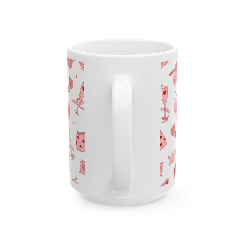 Valentine’s Pattern Ceramic Mug – Pink Hearts & Romance Icons (11oz, 15oz)