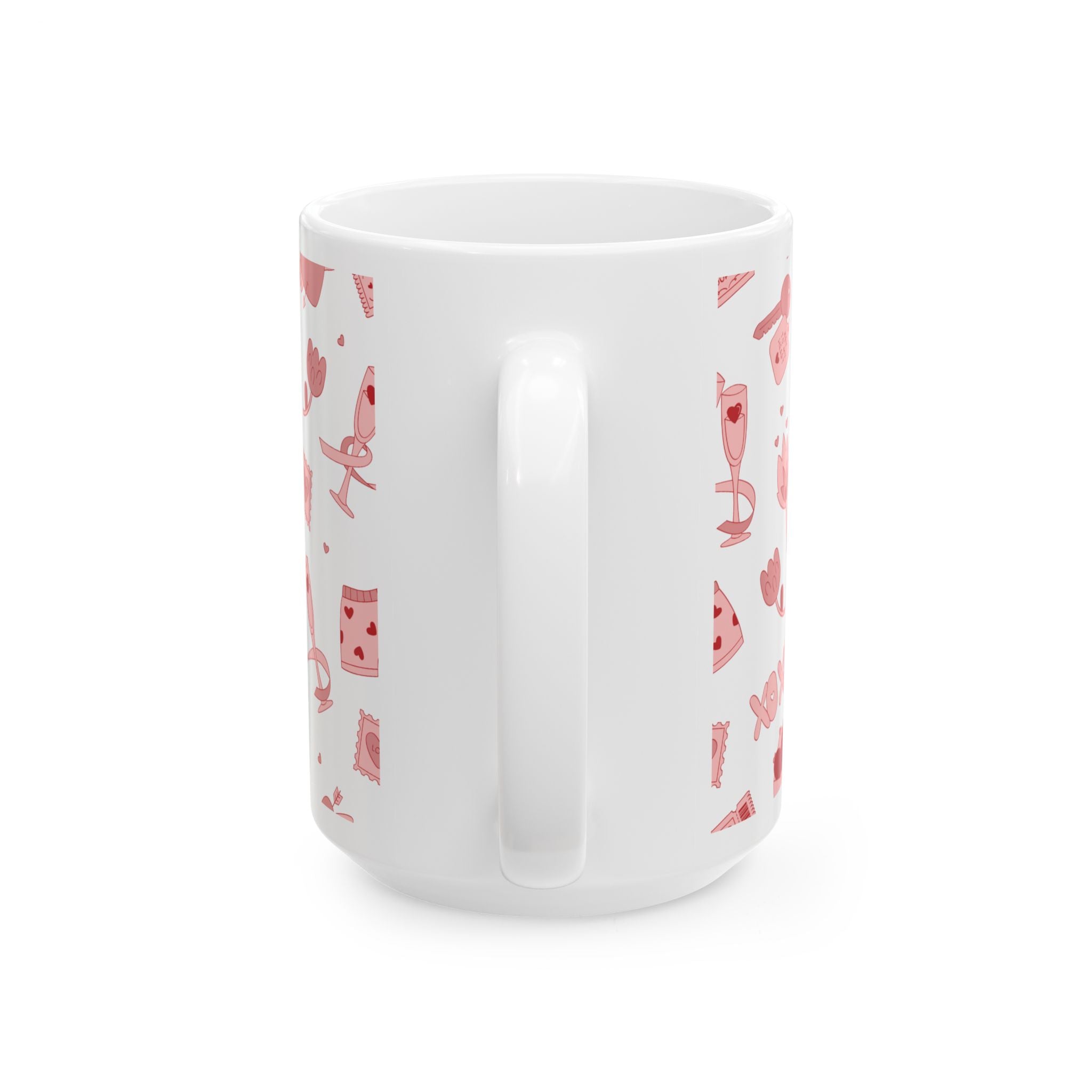 Valentine’s Pattern Ceramic Mug – Pink Hearts & Romance Icons (11oz, 15oz)