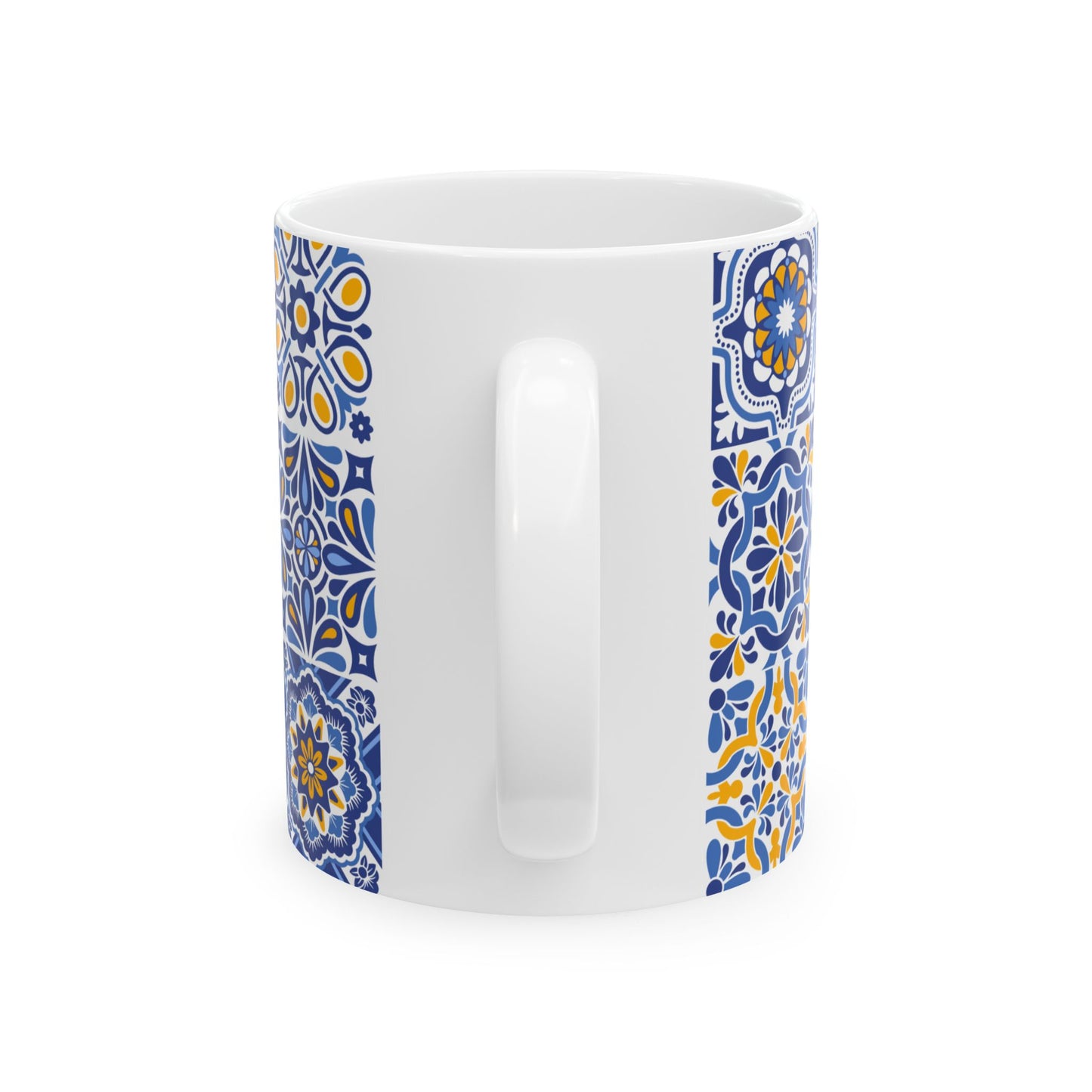 Blue & Yellow Mediterranean Tile Ceramic Mug — Patterned Coffee Cup (11oz/15oz)