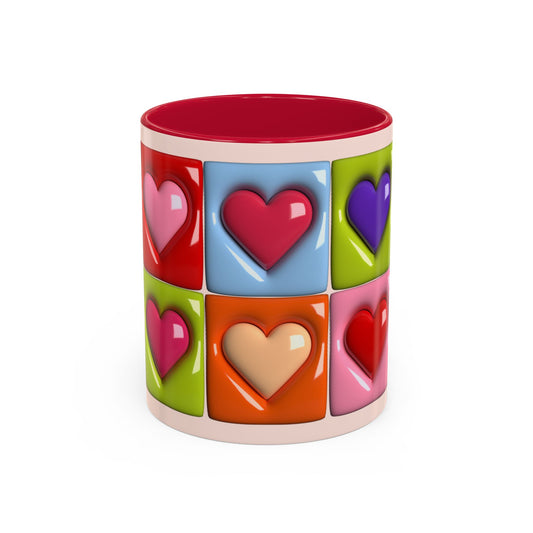 Colorful Heart Grid Coffee Mug — 11oz/15oz Vibrant Pop-Art Ceramic Gift