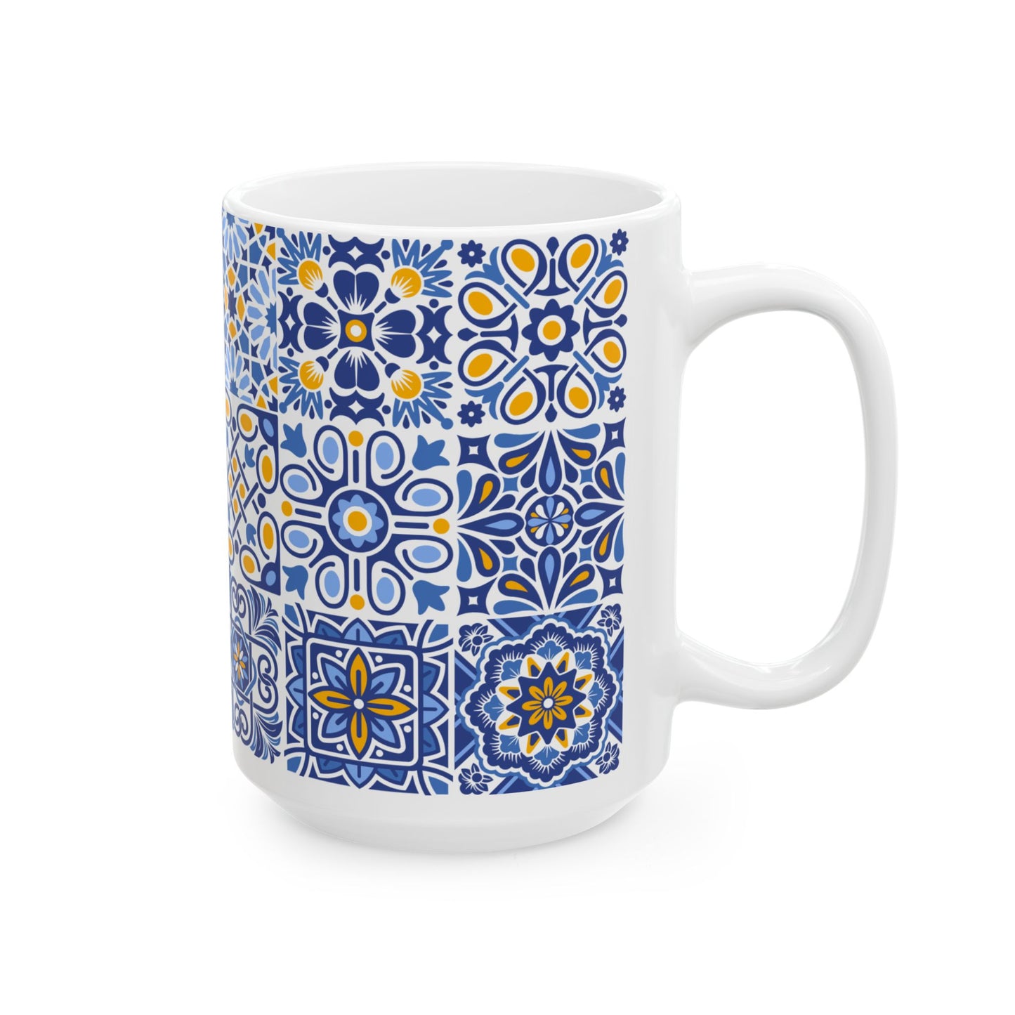 Blue & Yellow Mediterranean Tile Ceramic Mug — Patterned Coffee Cup (11oz/15oz)