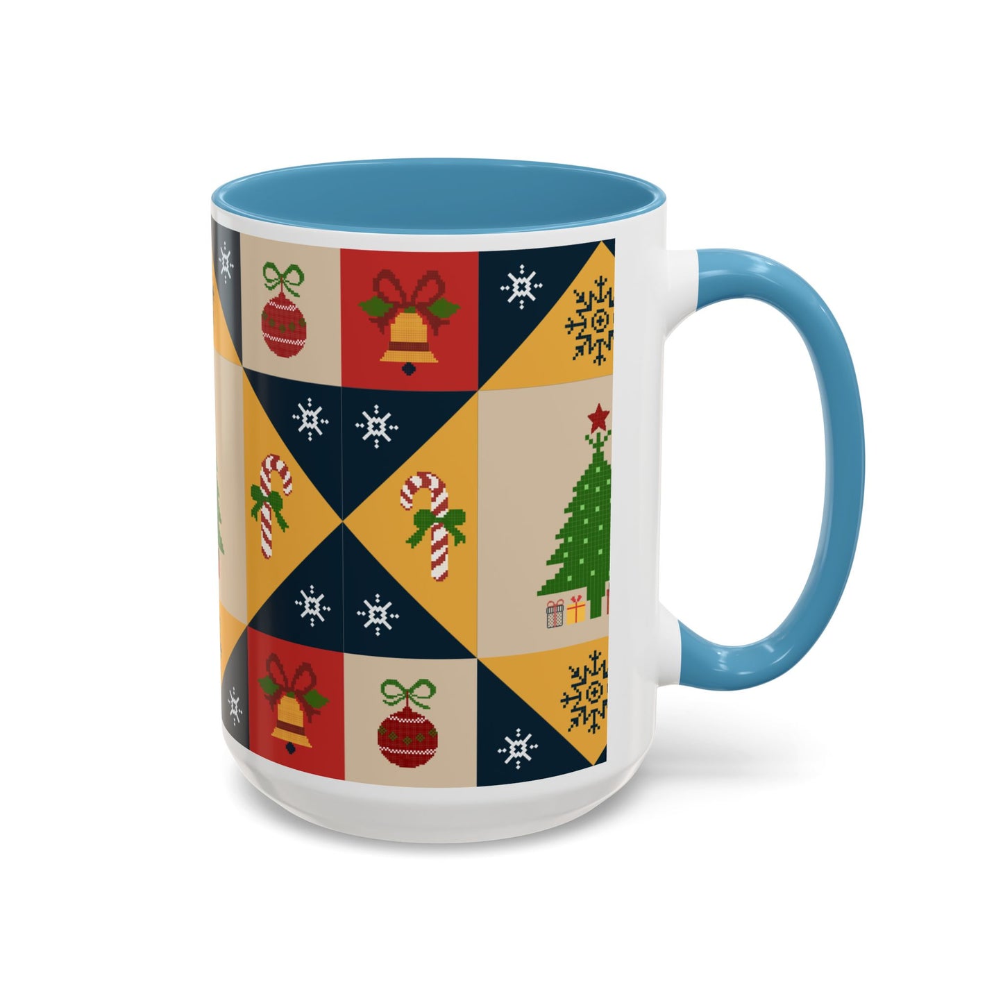 Christmas Quilt Pattern Accent Coffee Mug — Holiday Tree & Ornaments (15oz)