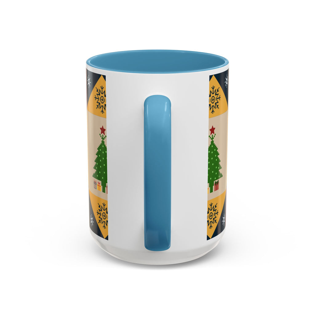 Christmas Quilt Pattern Accent Coffee Mug — Holiday Tree & Ornaments (15oz)