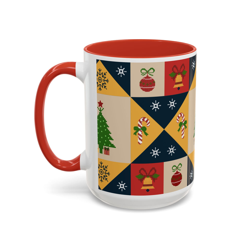 Christmas Quilt Pattern Accent Coffee Mug — Holiday Tree & Ornaments (15oz)