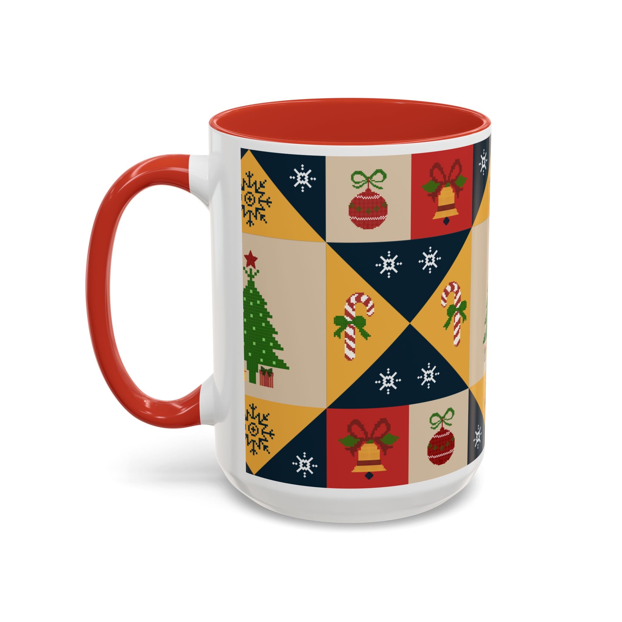 Christmas Quilt Pattern Accent Coffee Mug — Holiday Tree & Ornaments (15oz)