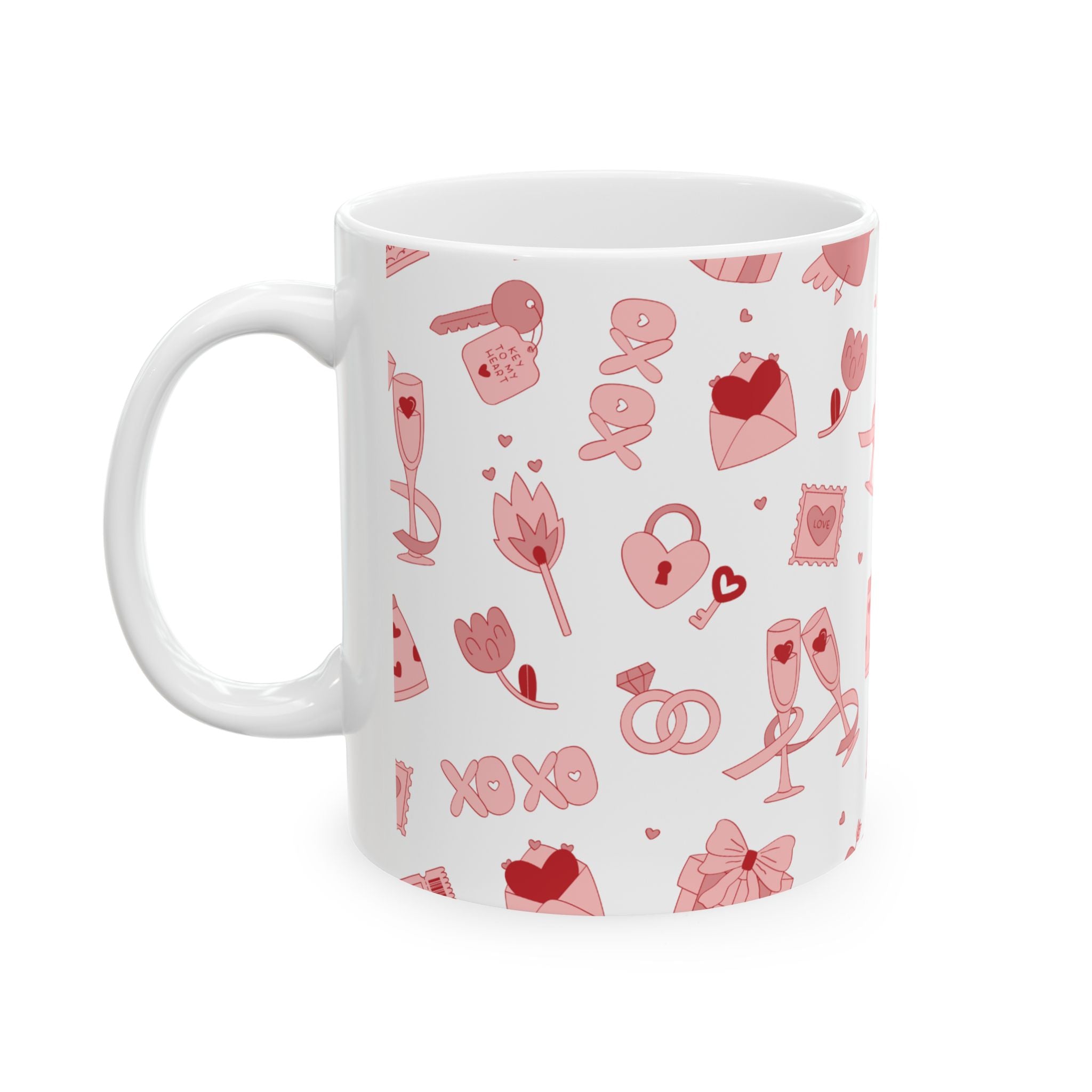 Valentine’s Pattern Ceramic Mug – Pink Hearts & Romance Icons (11oz, 15oz)