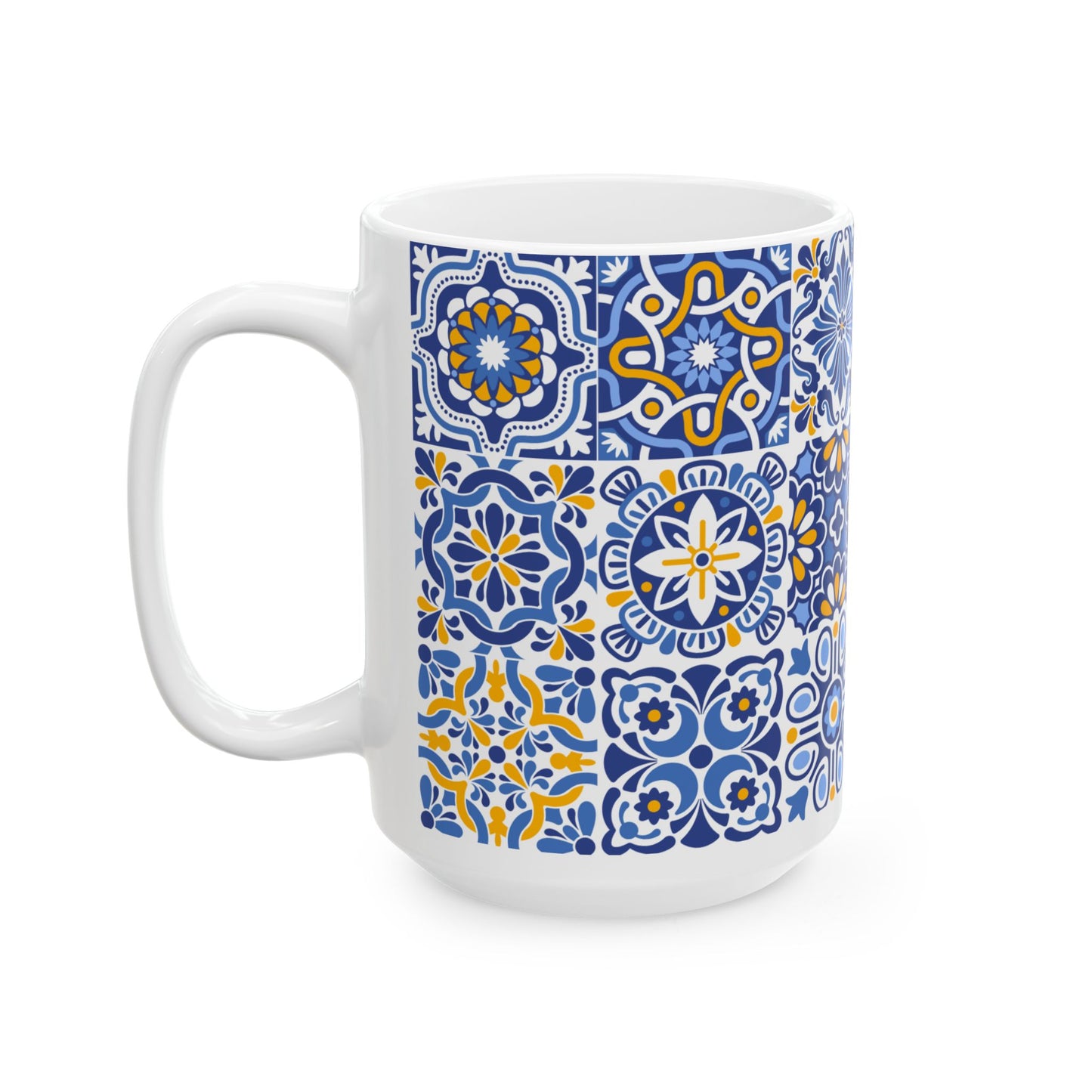 Blue & Yellow Mediterranean Tile Ceramic Mug — Patterned Coffee Cup (11oz/15oz)