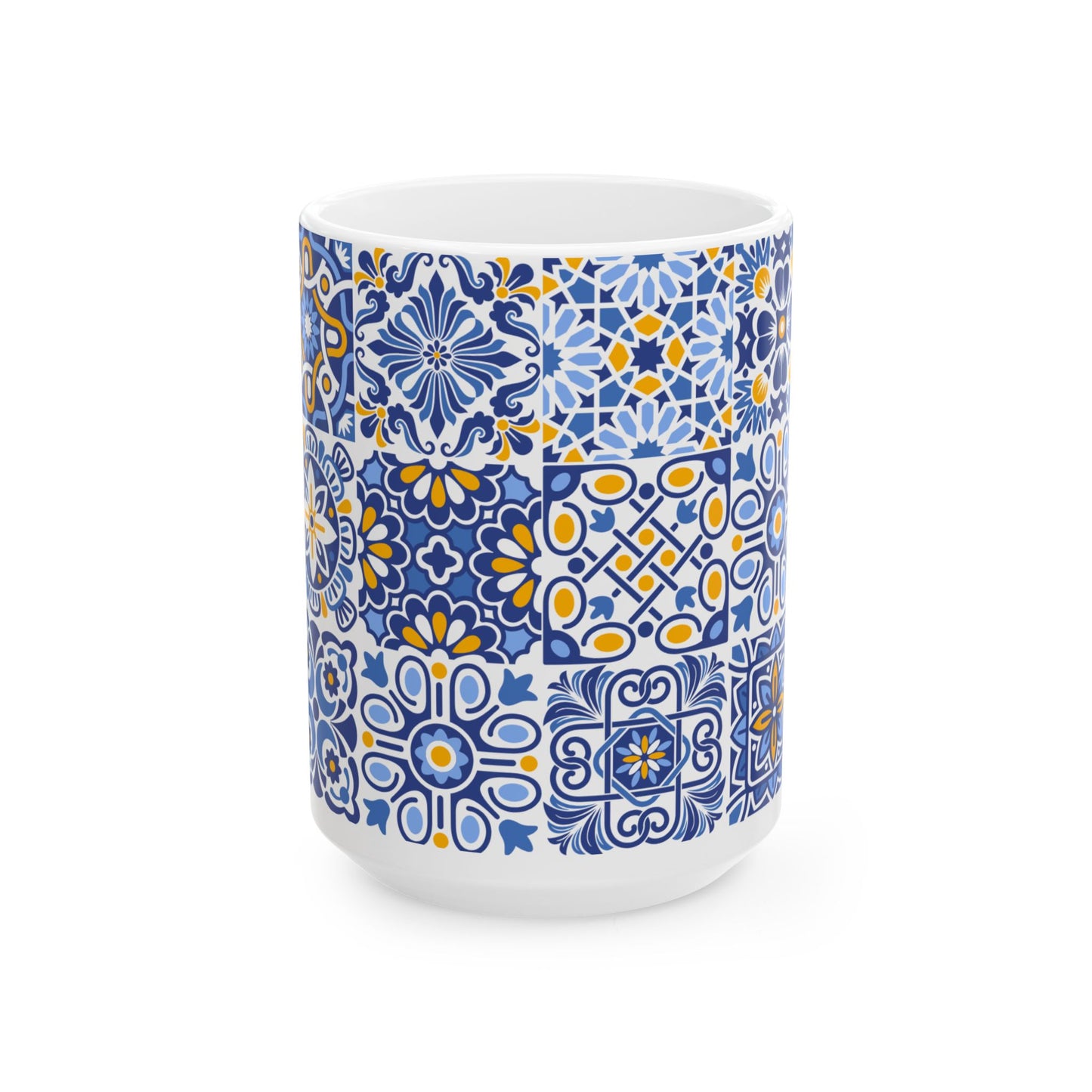 Blue & Yellow Mediterranean Tile Ceramic Mug — Patterned Coffee Cup (11oz/15oz)