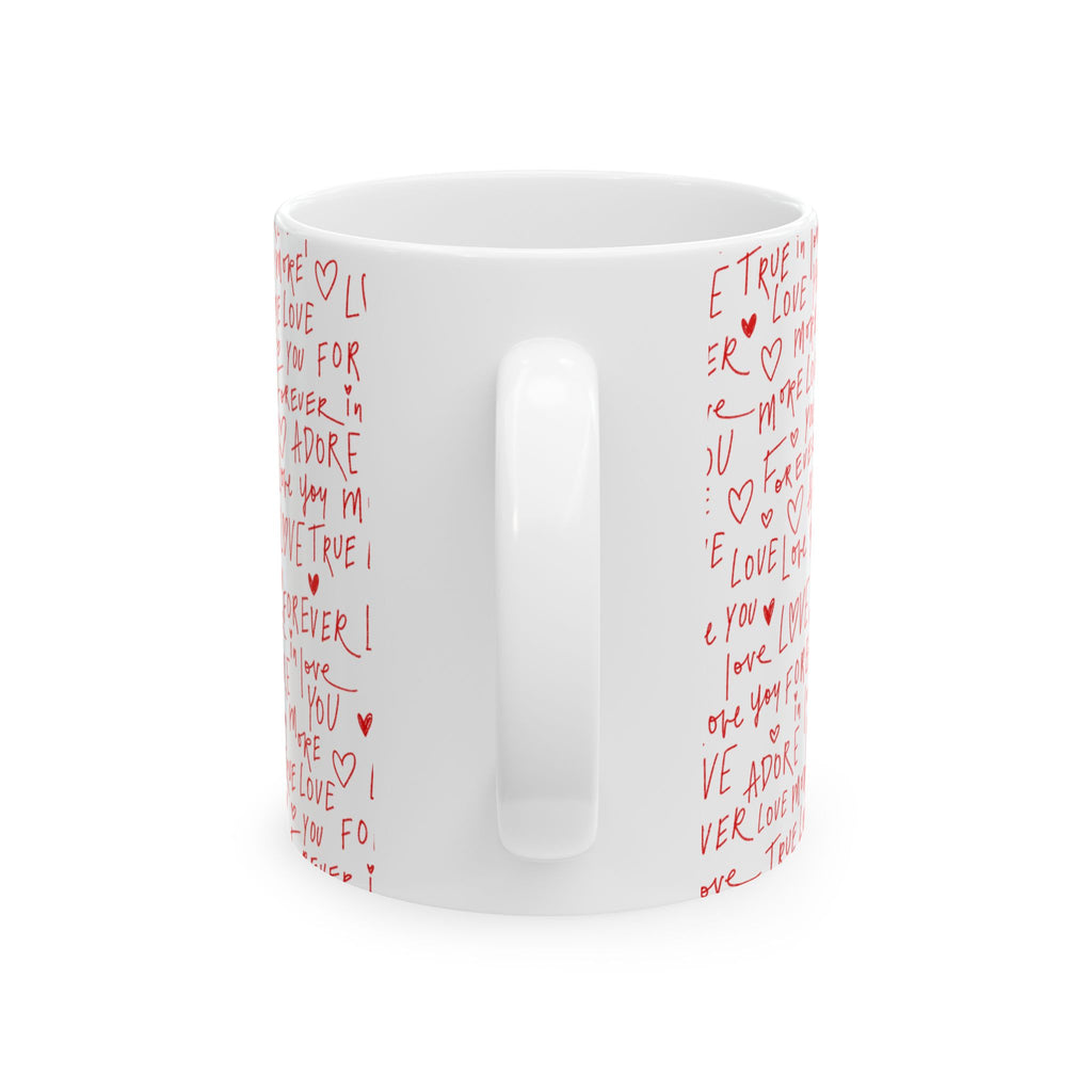 Valentine's Day Ceramic Mug — 'Happy Valentine's Day' with Red Love Handwritten Pattern (11oz & 15oz)