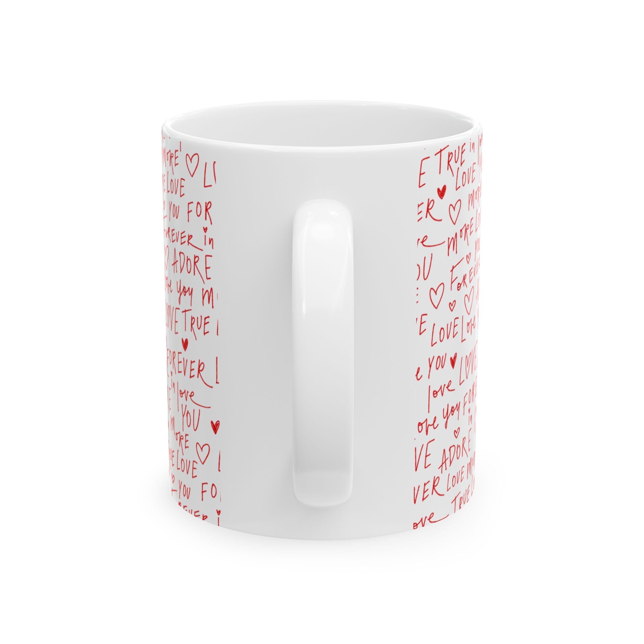 Valentine's Day Ceramic Mug — 'Happy Valentine's Day' with Red Love Handwritten Pattern (11oz & 15oz)