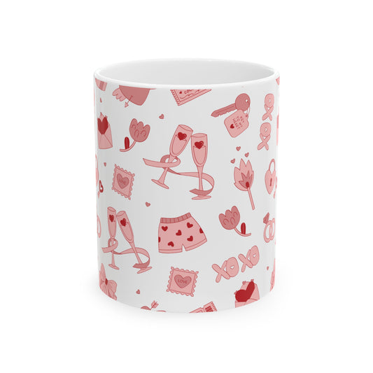 Valentine’s Pattern Ceramic Mug – Pink Hearts & Romance Icons (11oz, 15oz)