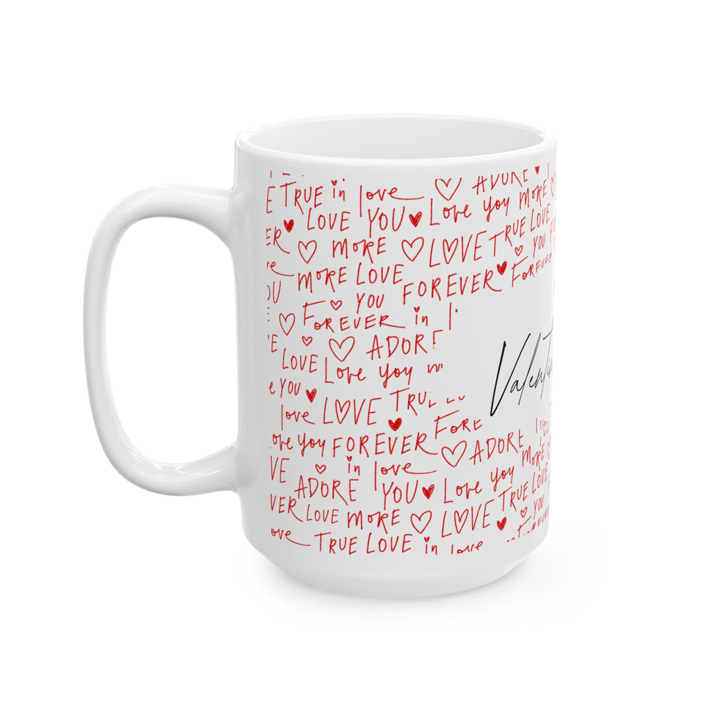 Valentine's Day Ceramic Mug — 'Happy Valentine's Day' with Red Love Handwritten Pattern (11oz & 15oz)
