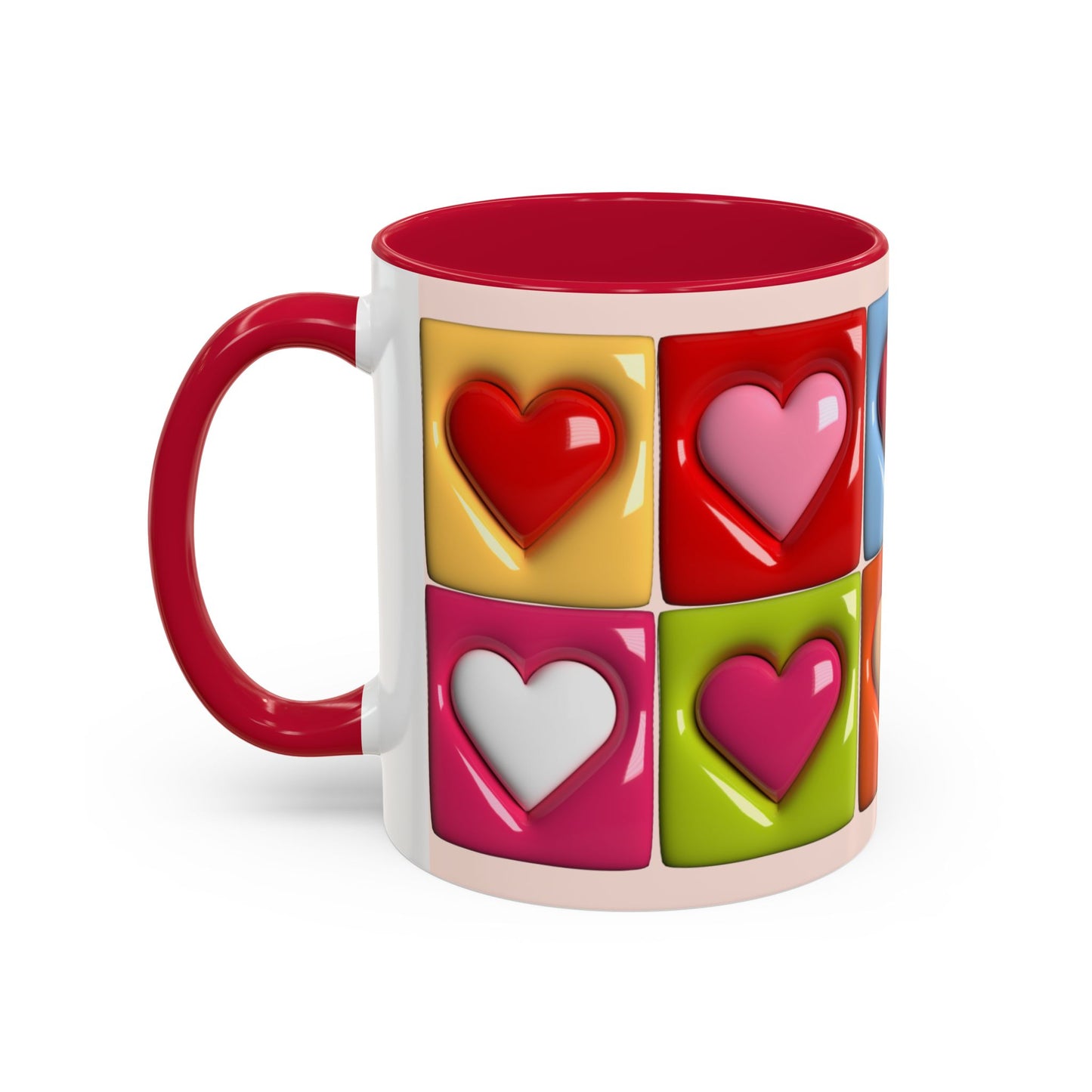 Colorful Heart Grid Coffee Mug — 11oz/15oz Vibrant Pop-Art Ceramic Gift