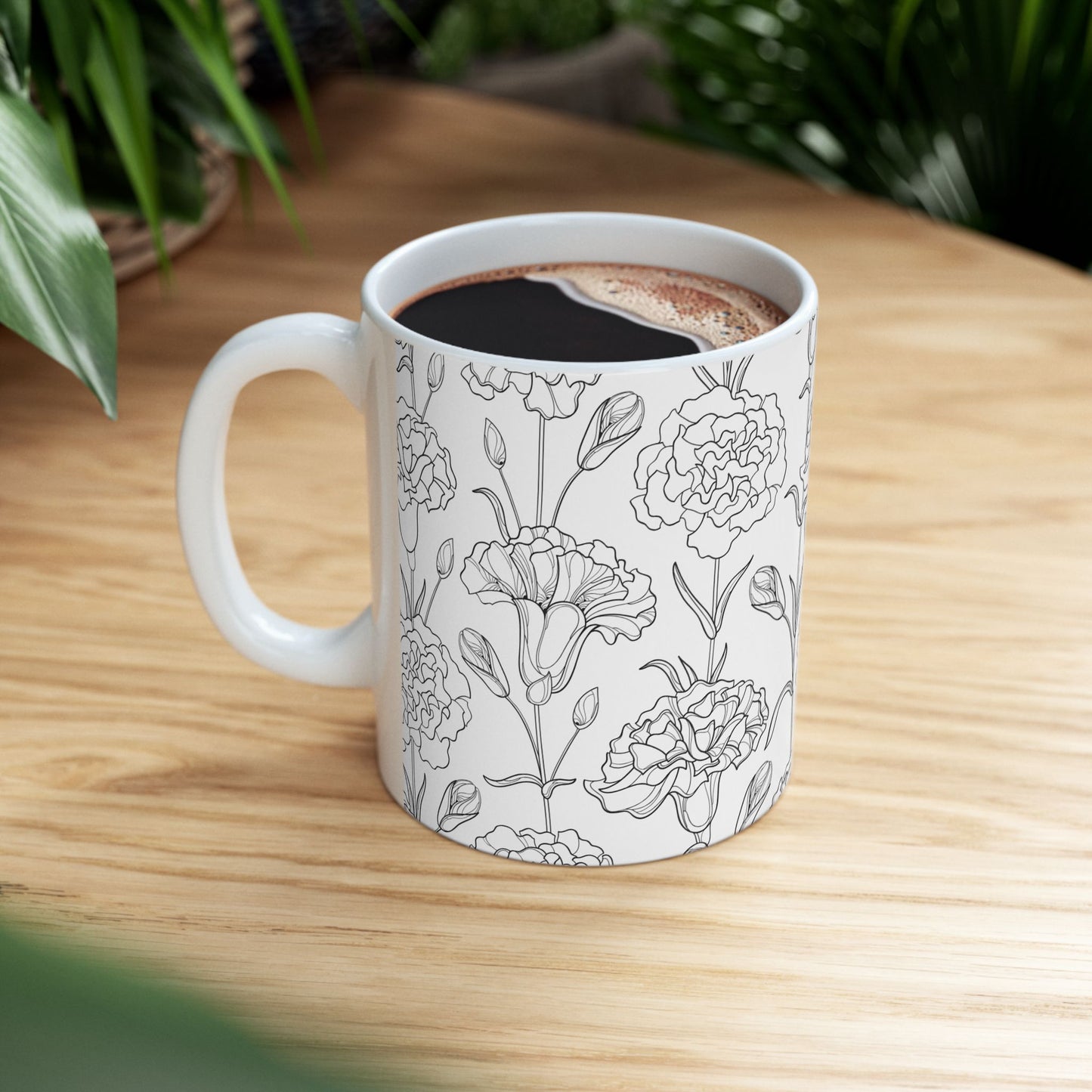 Elegant Floral Mug – 11oz Black and White Ceramic Coffee Cup | Soul Sips Minimalist Gift for Aesthetic Coffee Lovers & Cozy Spaces
