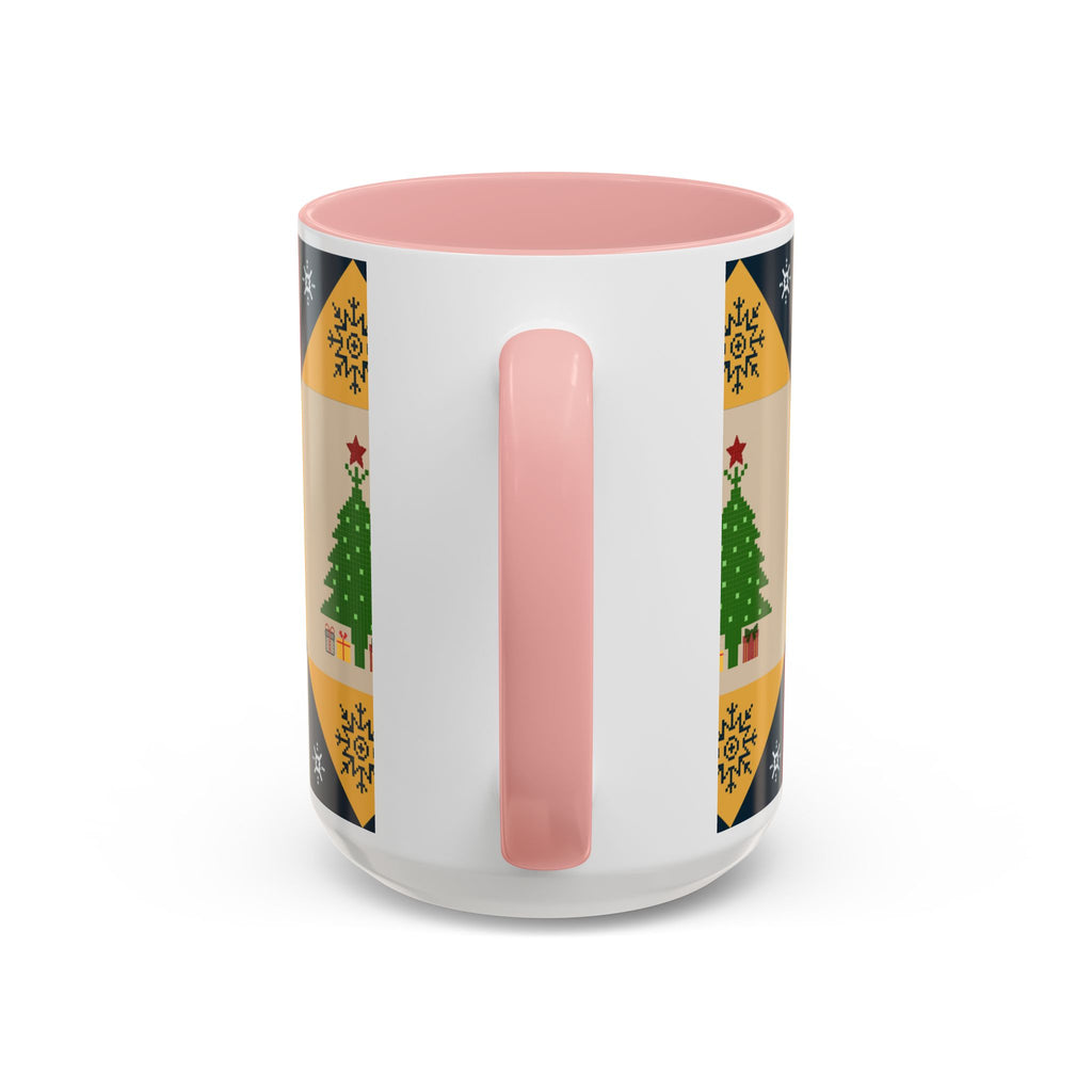 Christmas Quilt Pattern Accent Coffee Mug — Holiday Tree & Ornaments (15oz)
