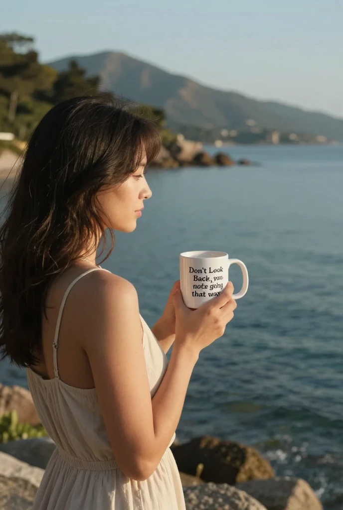 Woman holding a mug with text by the ocean