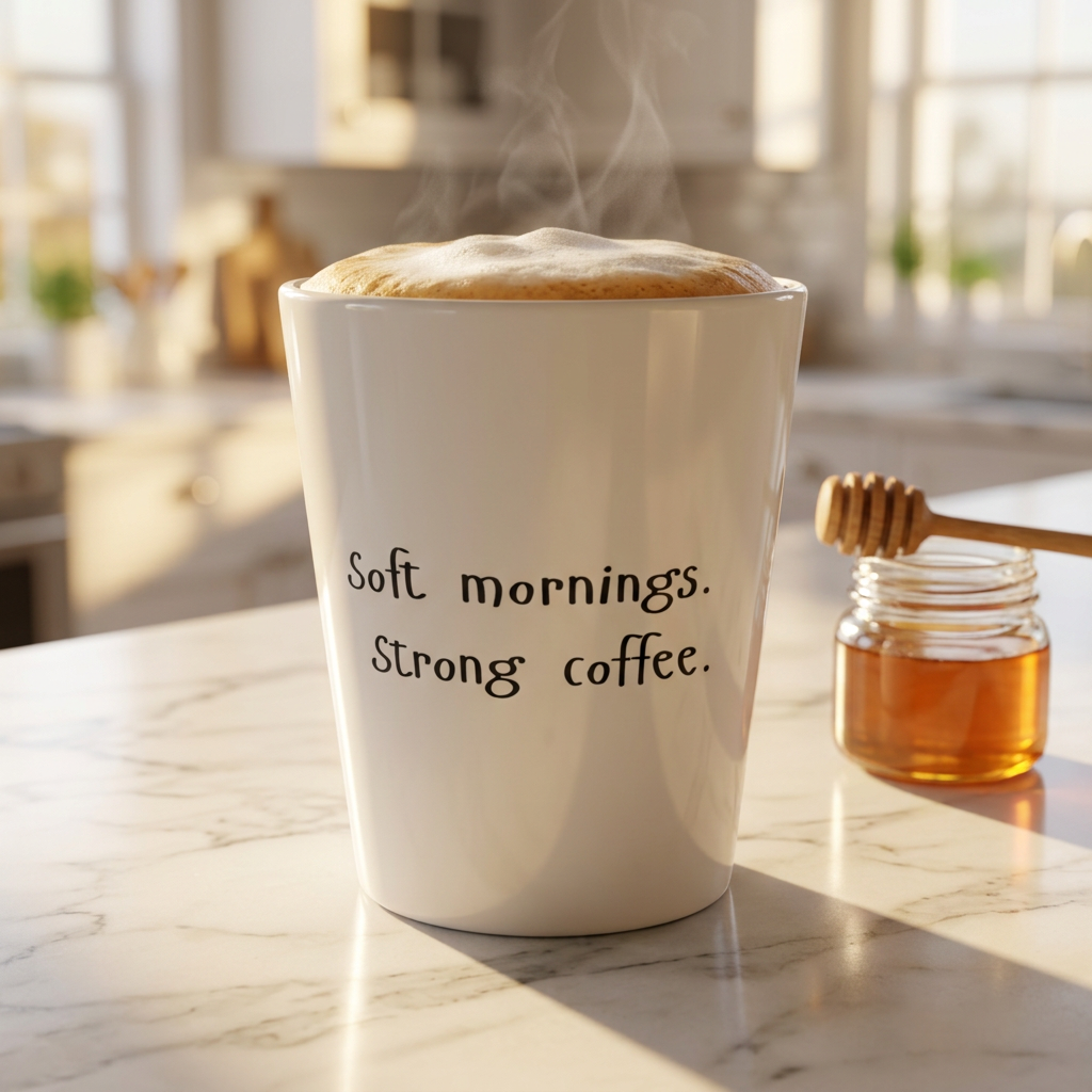 Soft Morning. Strong Coffee. 12 oz Ceramic Latte Mug