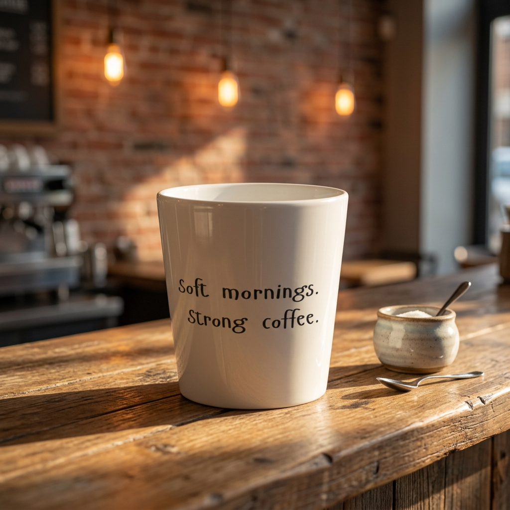 Soft Morning. Strong Coffee. 12 oz Ceramic Latte Mug