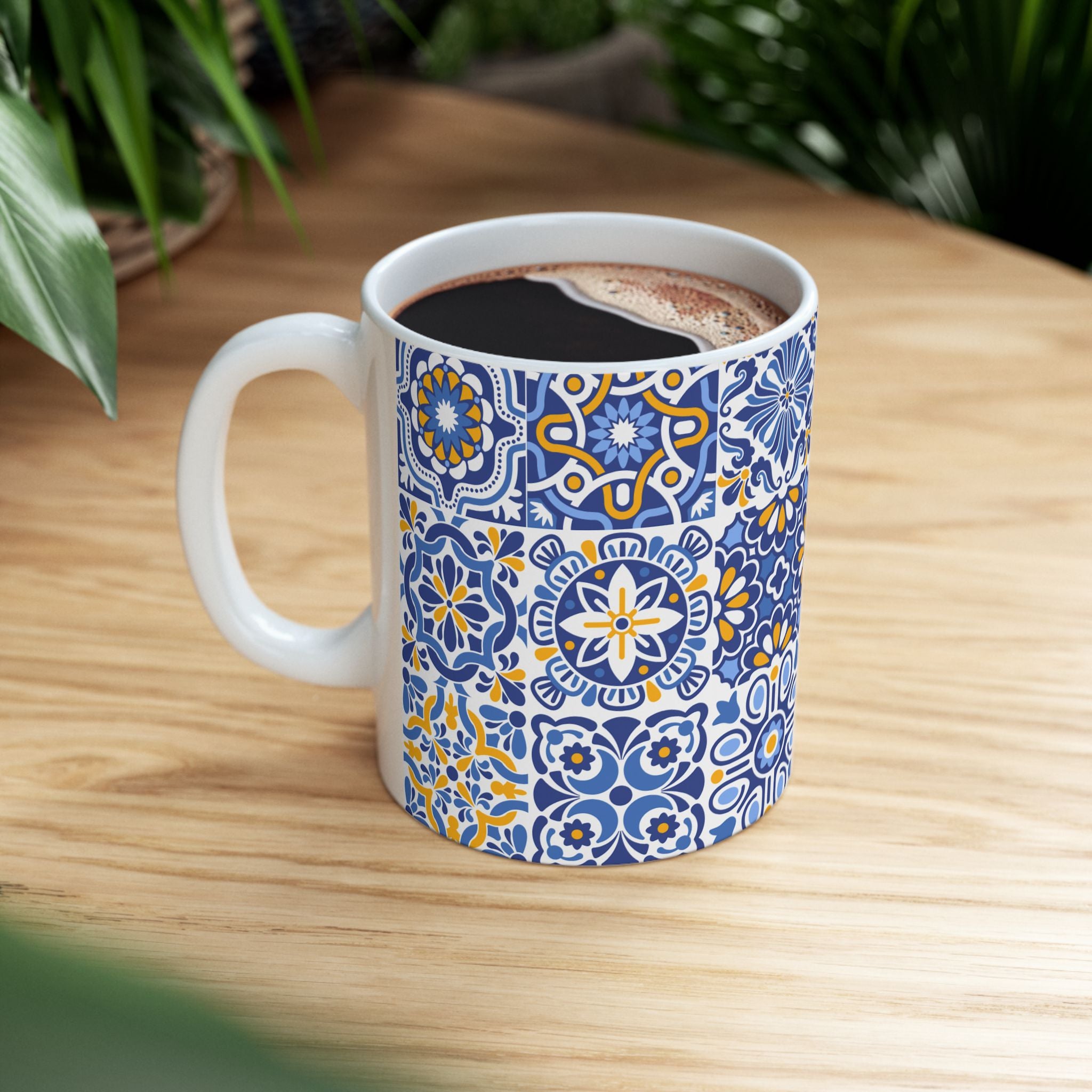 Blue & Yellow Mediterranean Tile Ceramic Mug — Patterned Coffee Cup (11oz/15oz)